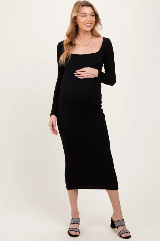 Black Square Neck Rib Long Sleeve Maternity Maxi Dress sold by Pinkblush