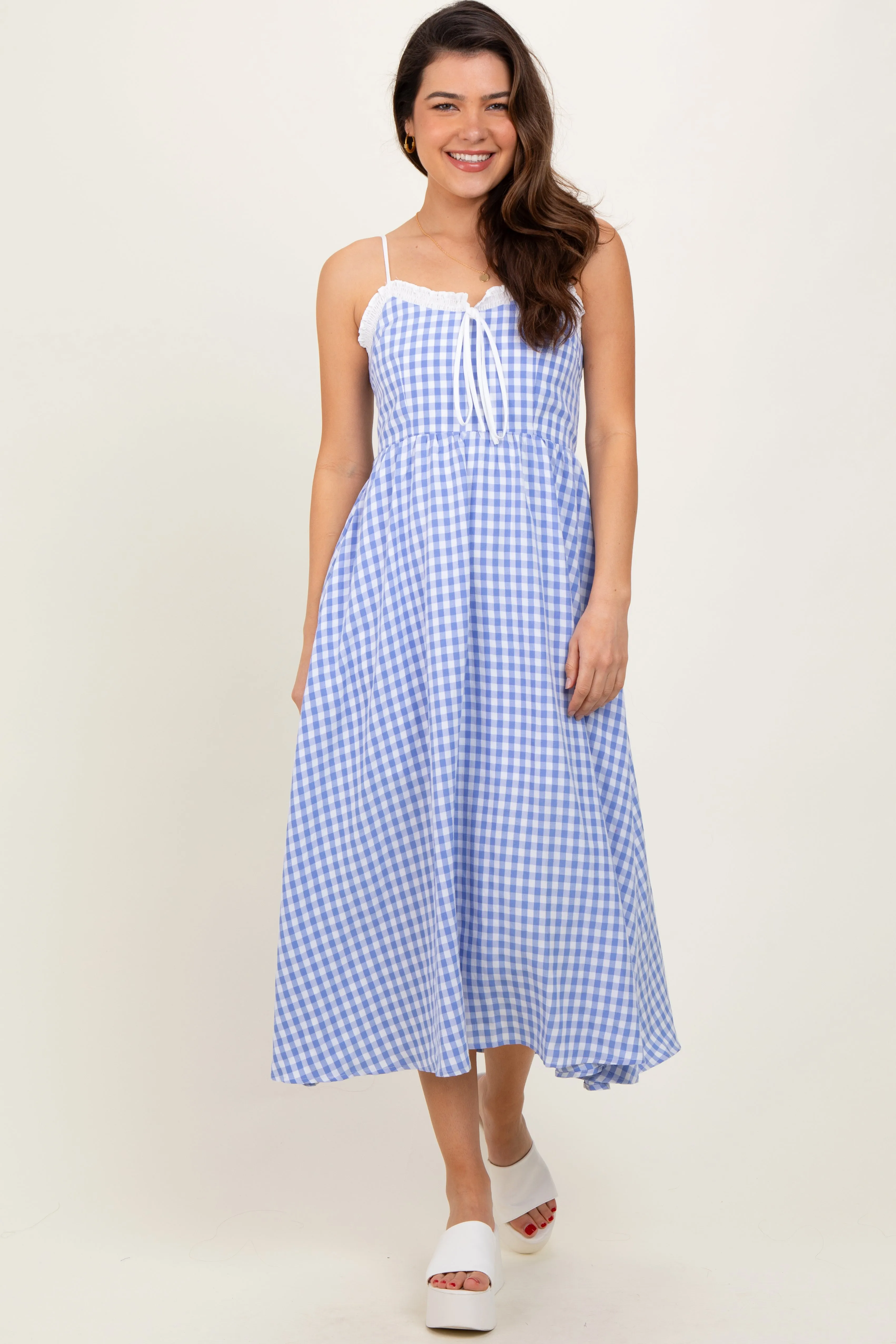 Blue Gingham Smocked Trim Midi Dress sold by Pinkblush product image thumbnail 2