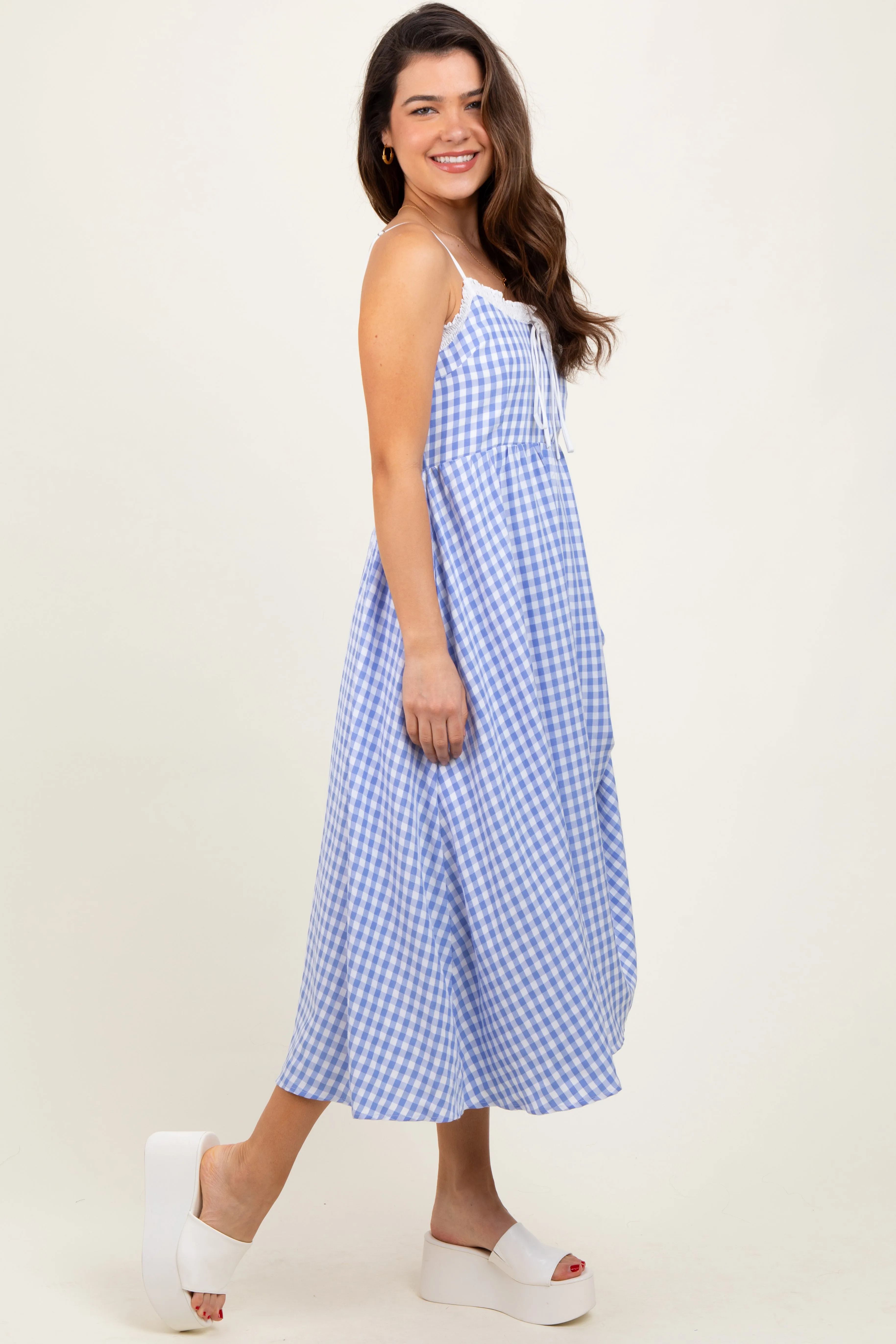 Blue Gingham Smocked Trim Midi Dress sold by Pinkblush product image thumbnail 3