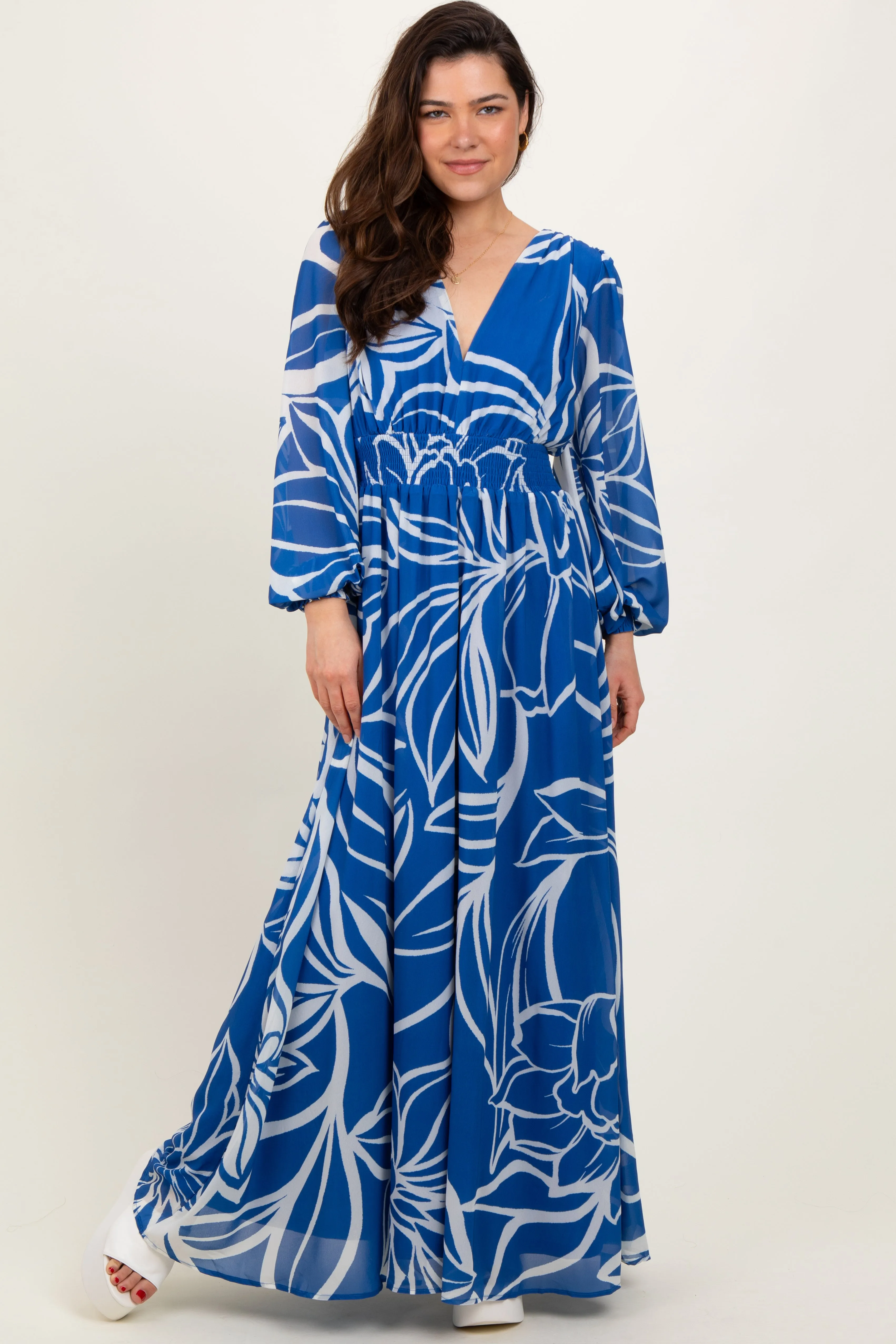 Navy Floral Smocked Waist Long Sleeve Maxi Dress sold by Pinkblush
