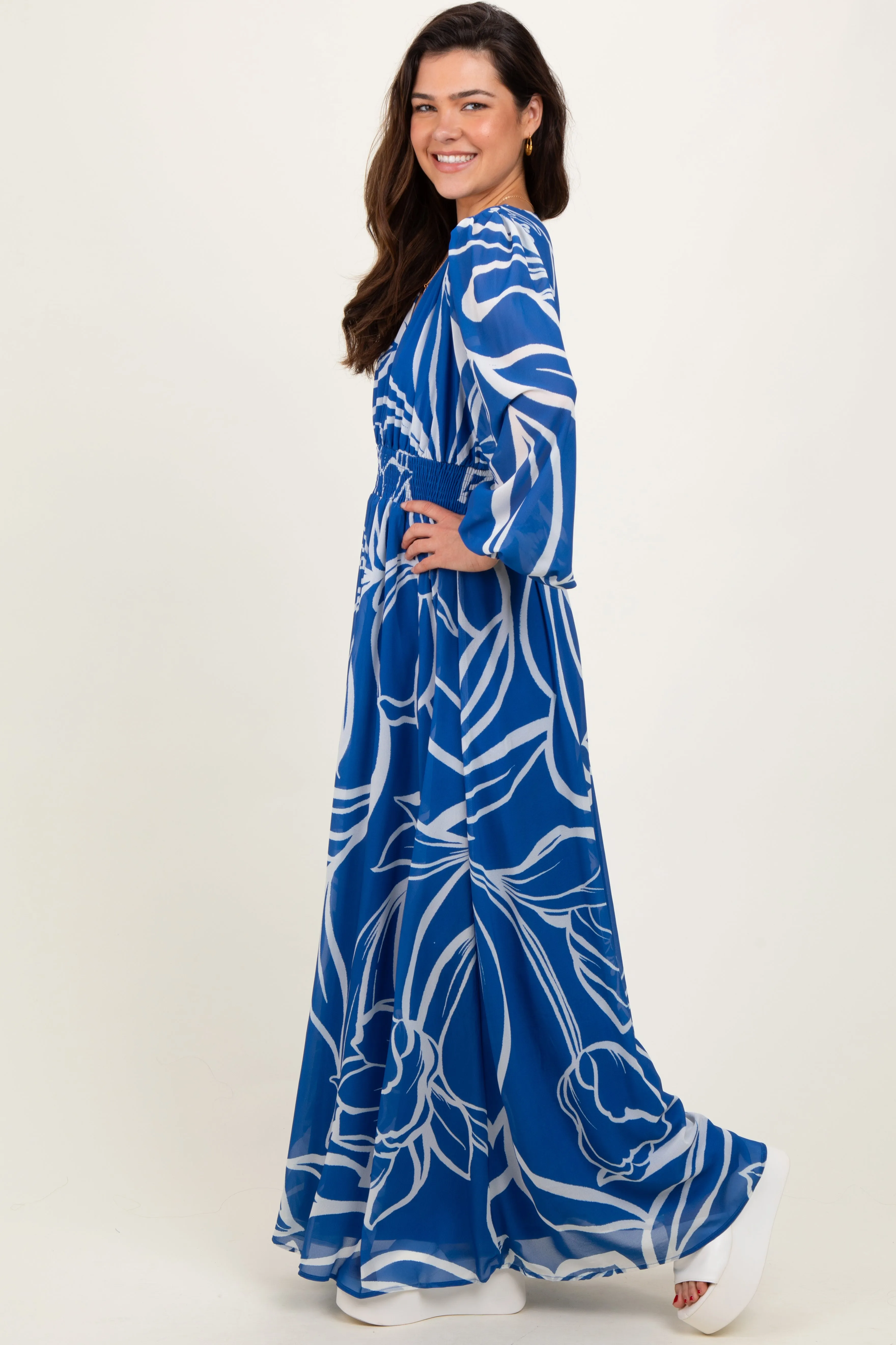Navy Floral Smocked Waist Long Sleeve Maxi Dress sold by Pinkblush product image thumbnail 2