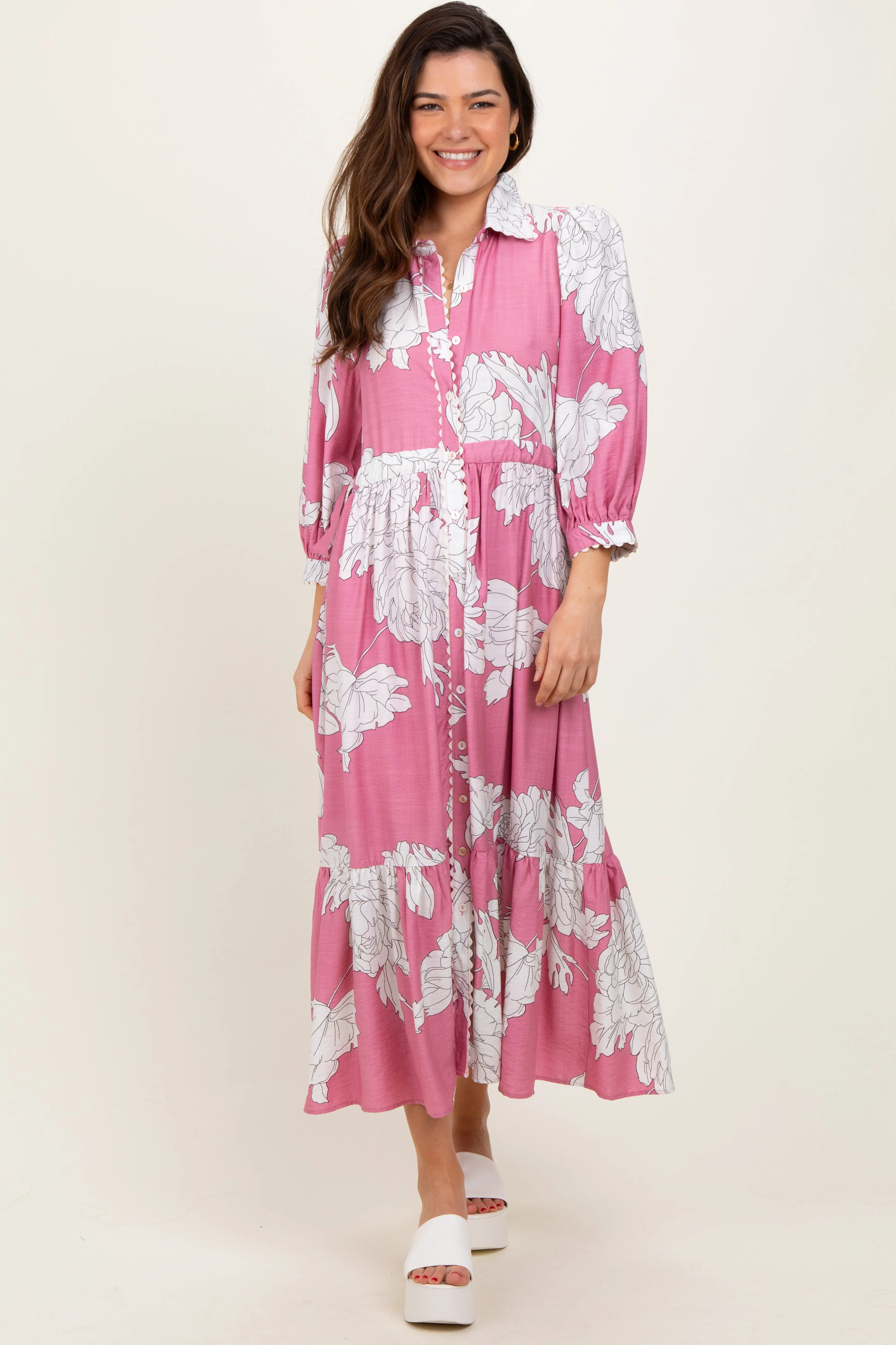 Pink Floral Print Cinched Tie Waist Shirt Dress sold by Pinkblush