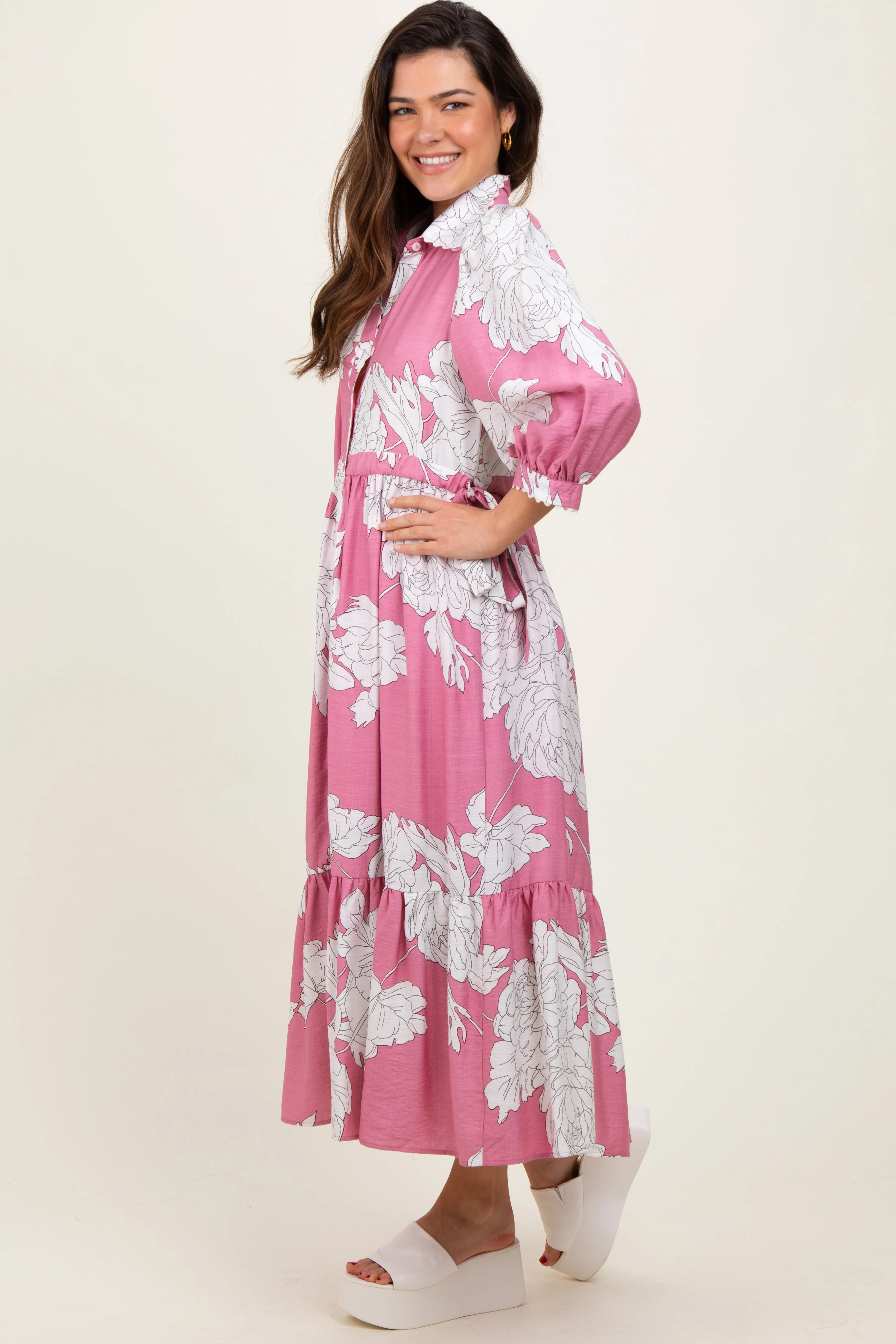 Pink Floral Print Cinched Tie Waist Shirt Dress sold by Pinkblush product image thumbnail 2
