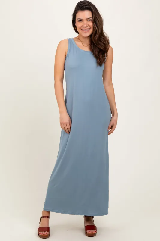 Light Blue Sleeveless Flared Scoop Neck Maxi Dress sold by Pinkblush