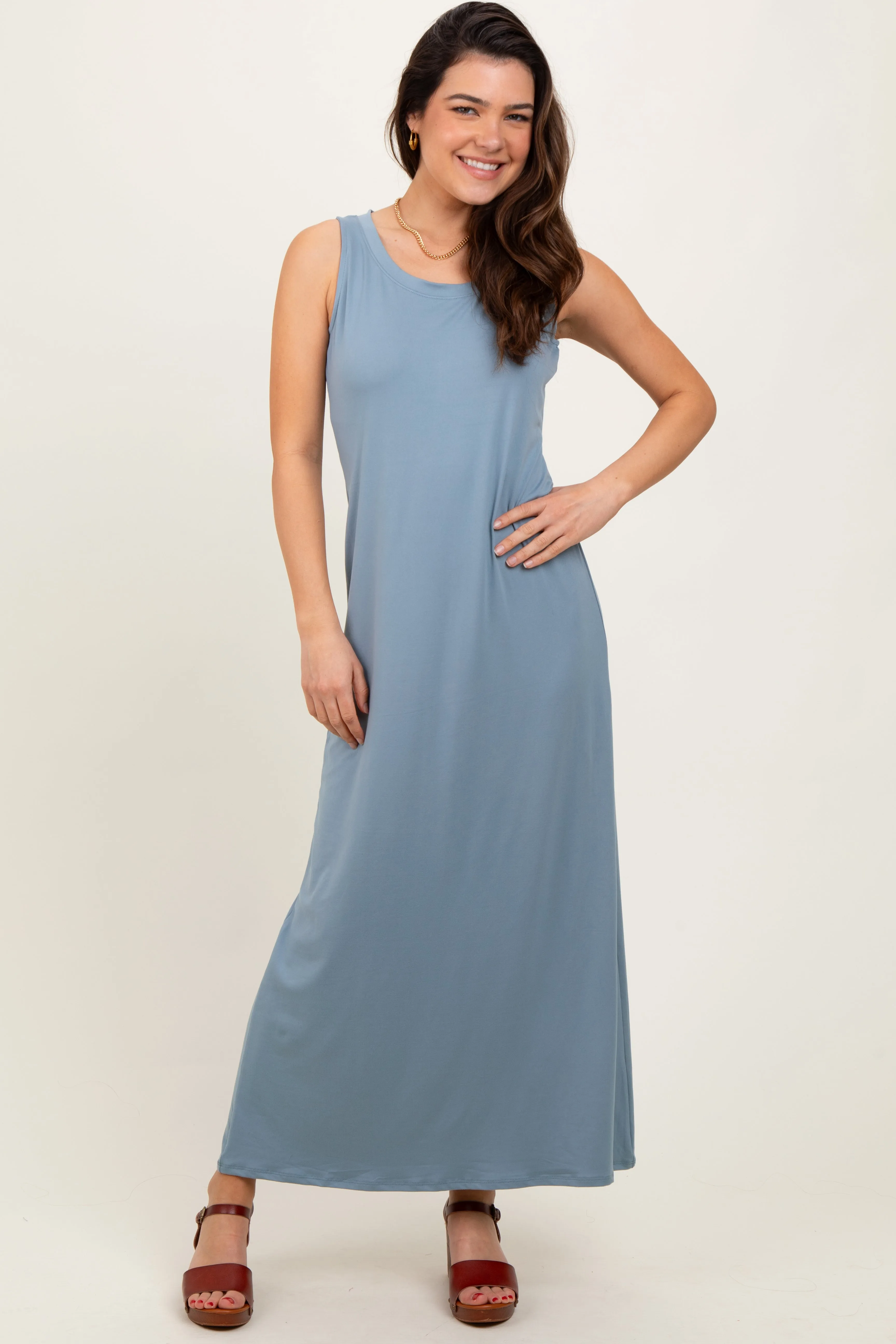 Light Blue Sleeveless Flared Scoop Neck Maxi Dress sold by Pinkblush product image thumbnail 2