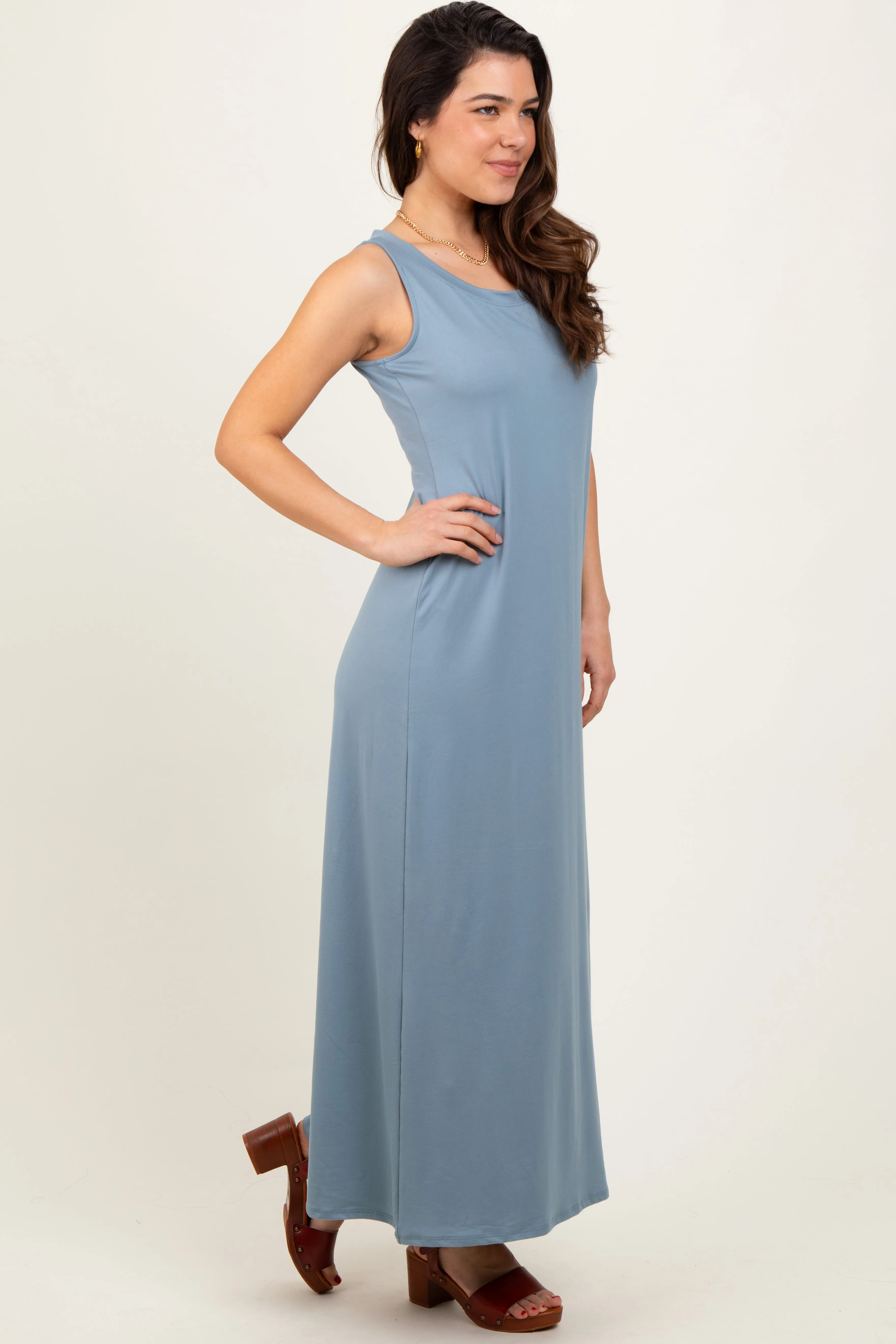 Light Blue Sleeveless Flared Scoop Neck Maxi Dress sold by Pinkblush product image thumbnail 3