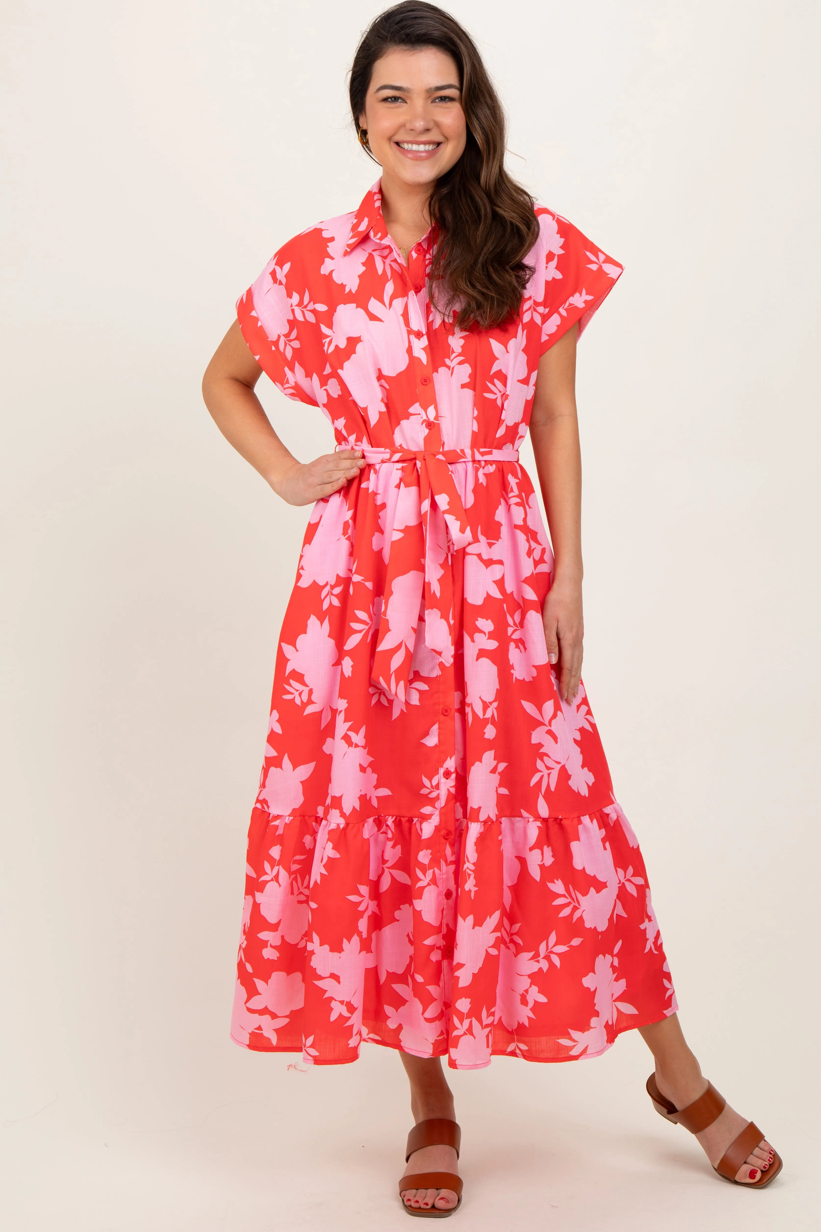 Red Floral Button Down Shirt Dress sold by Pinkblush