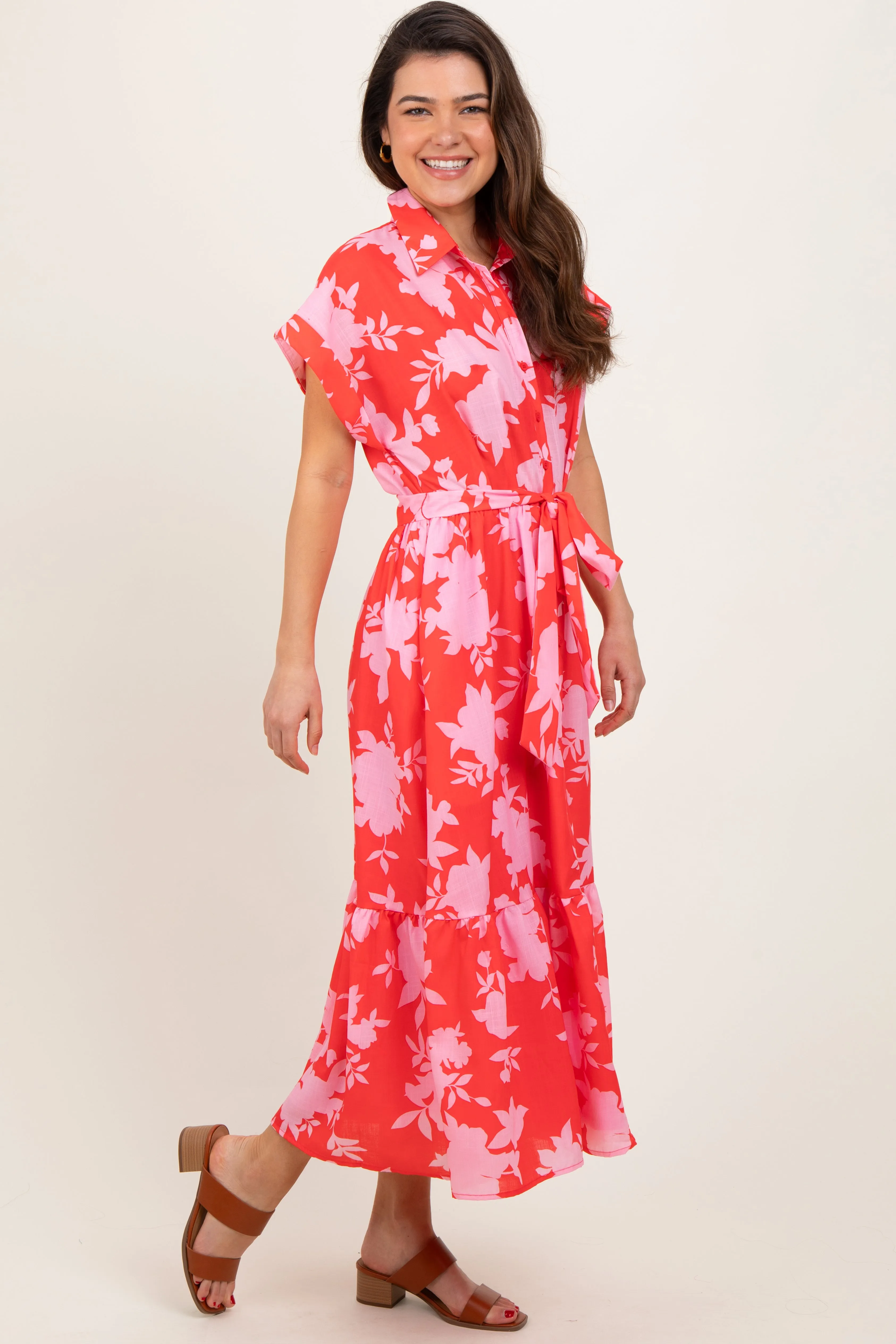 Red Floral Button Down Shirt Dress sold by Pinkblush product image thumbnail 2