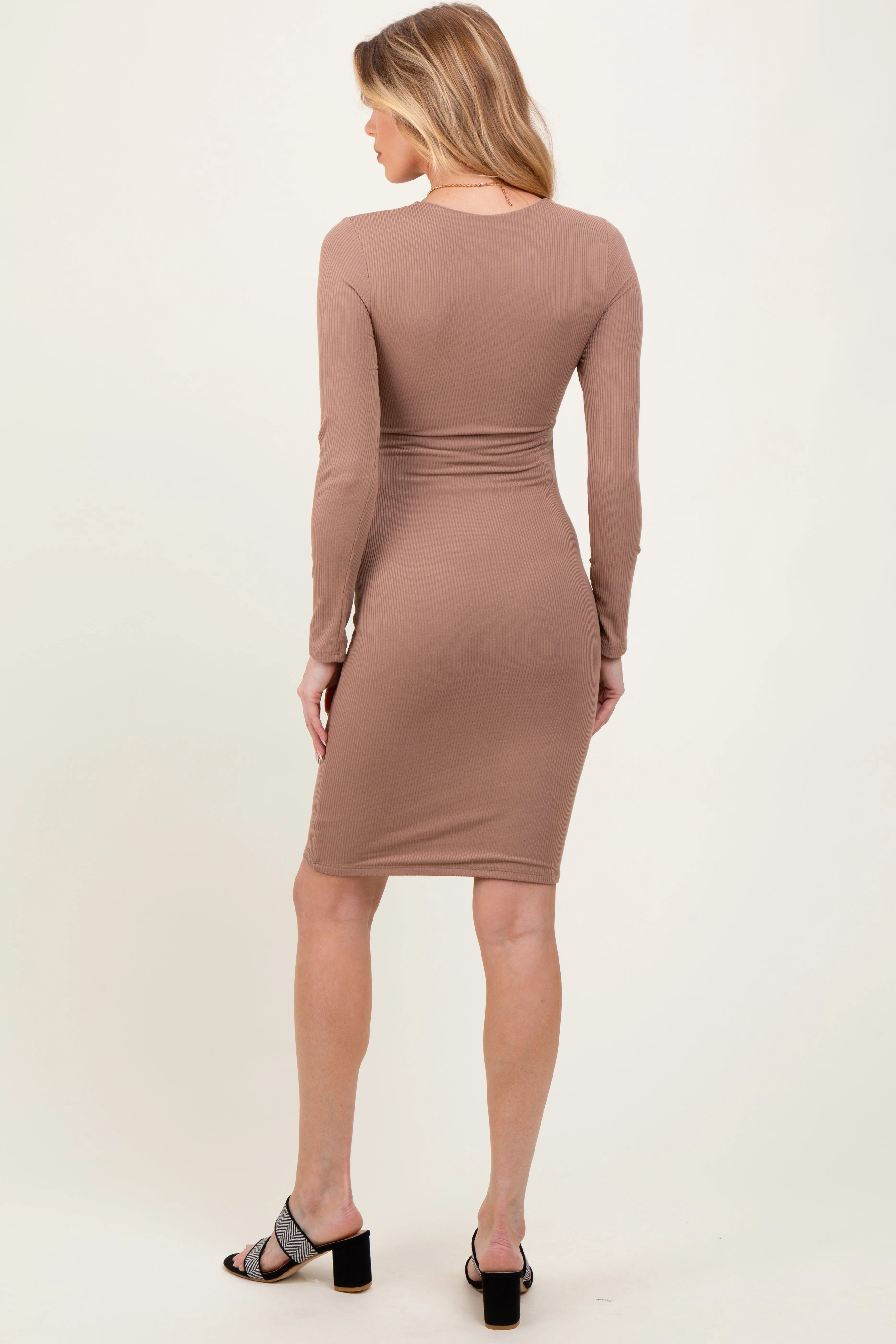 Mocha Crew Neck Double Layered Rib Maternity Mini Dress sold by Pinkblush product image thumbnail 2