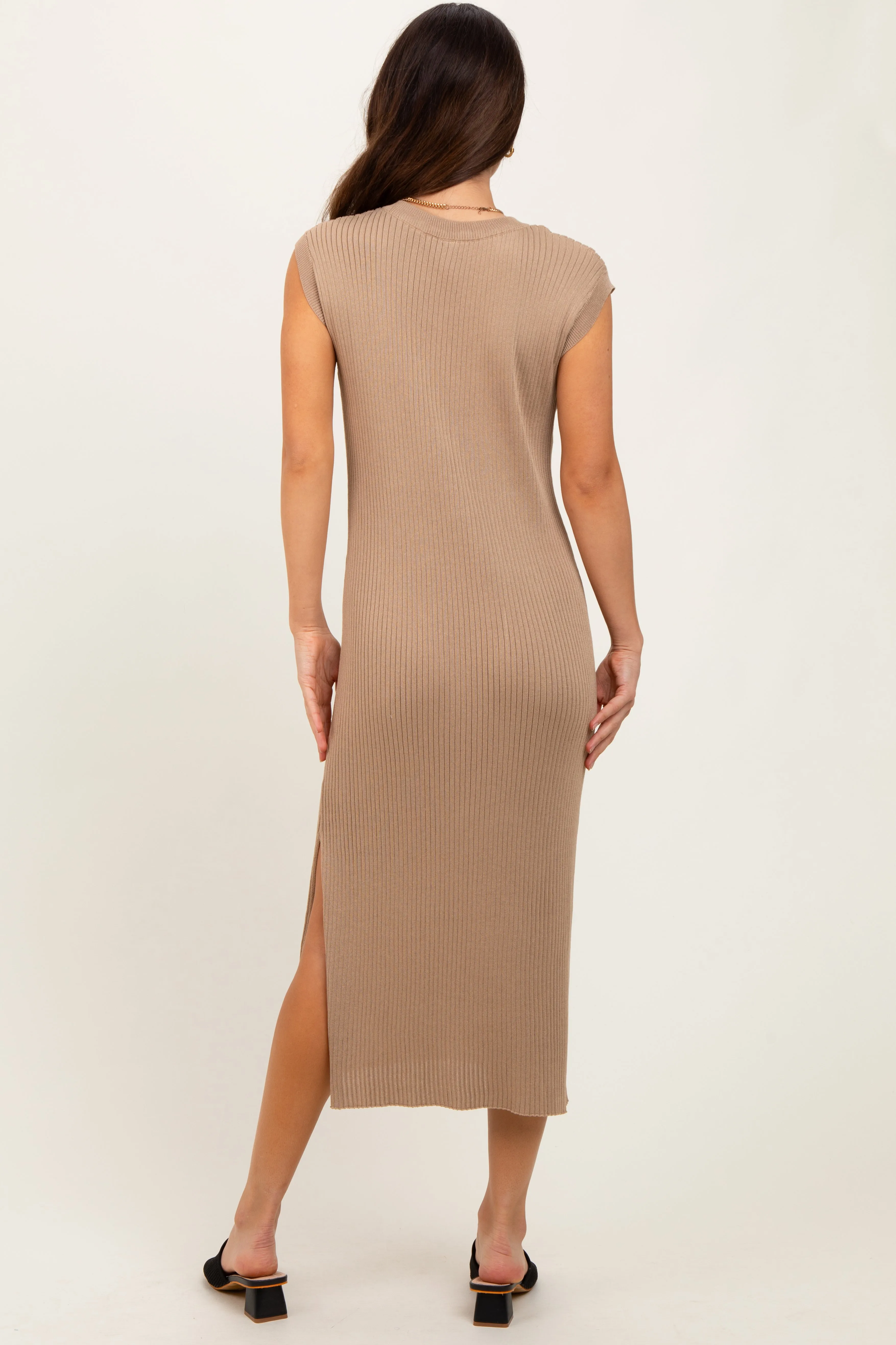Mocha Ribbed Knit Button Up Sleeveless Midi Dress sold by Pinkblush product image thumbnail 4