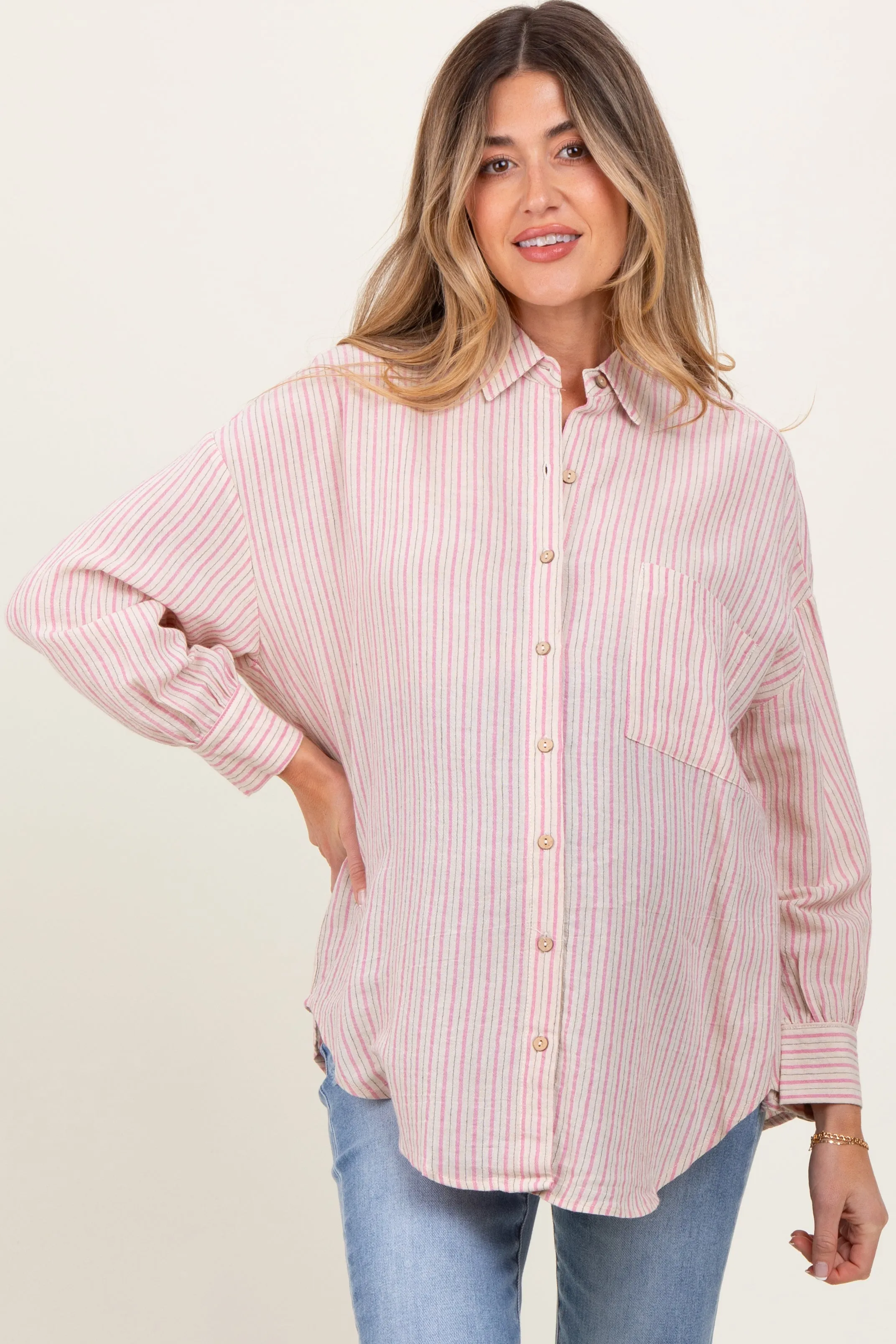 Pink Stripe Oversized Button Down Maternity Shirt sold by Pinkblush
