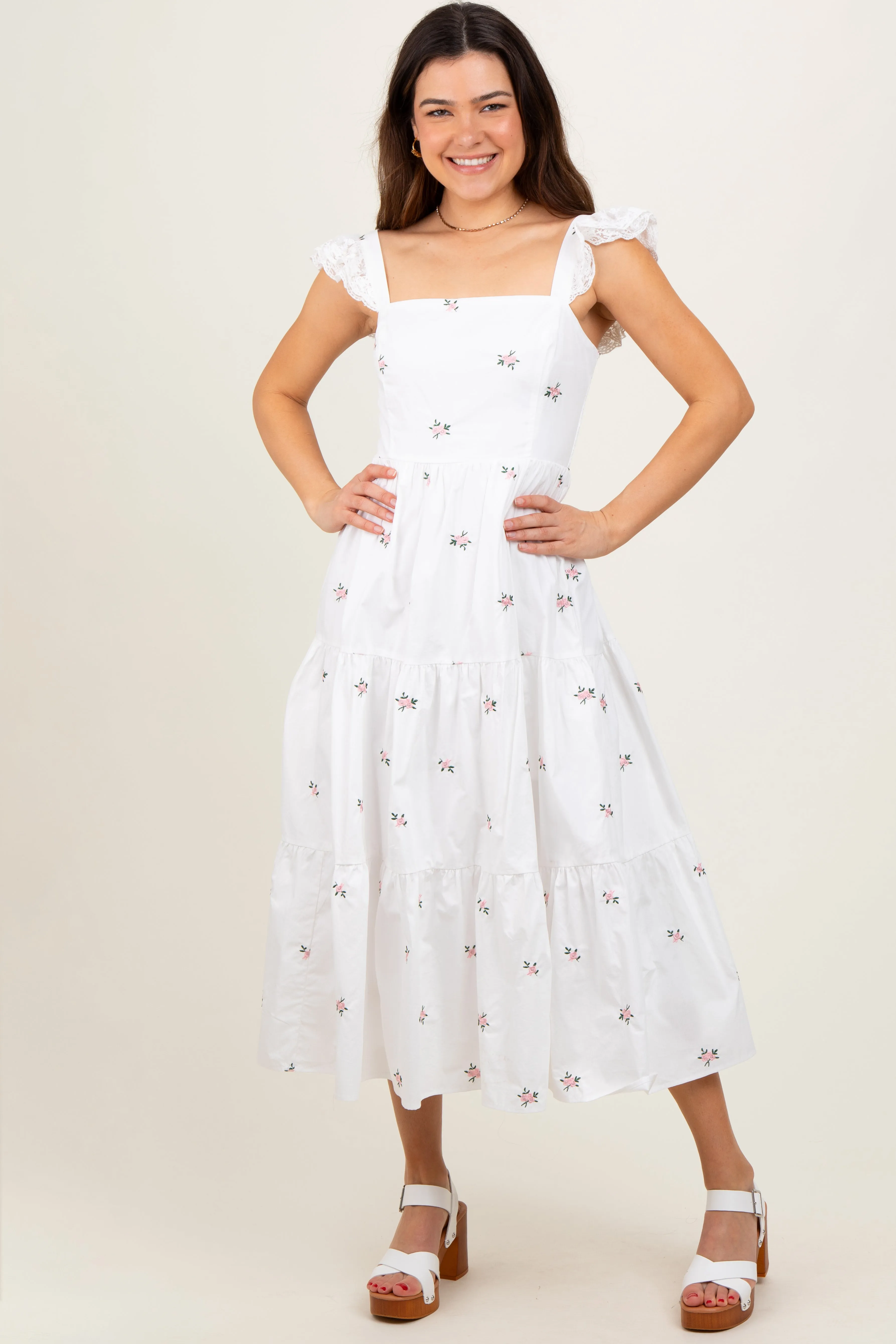 White Floral Embroidered Tiered Midi Dress sold by Pinkblush product image thumbnail 2