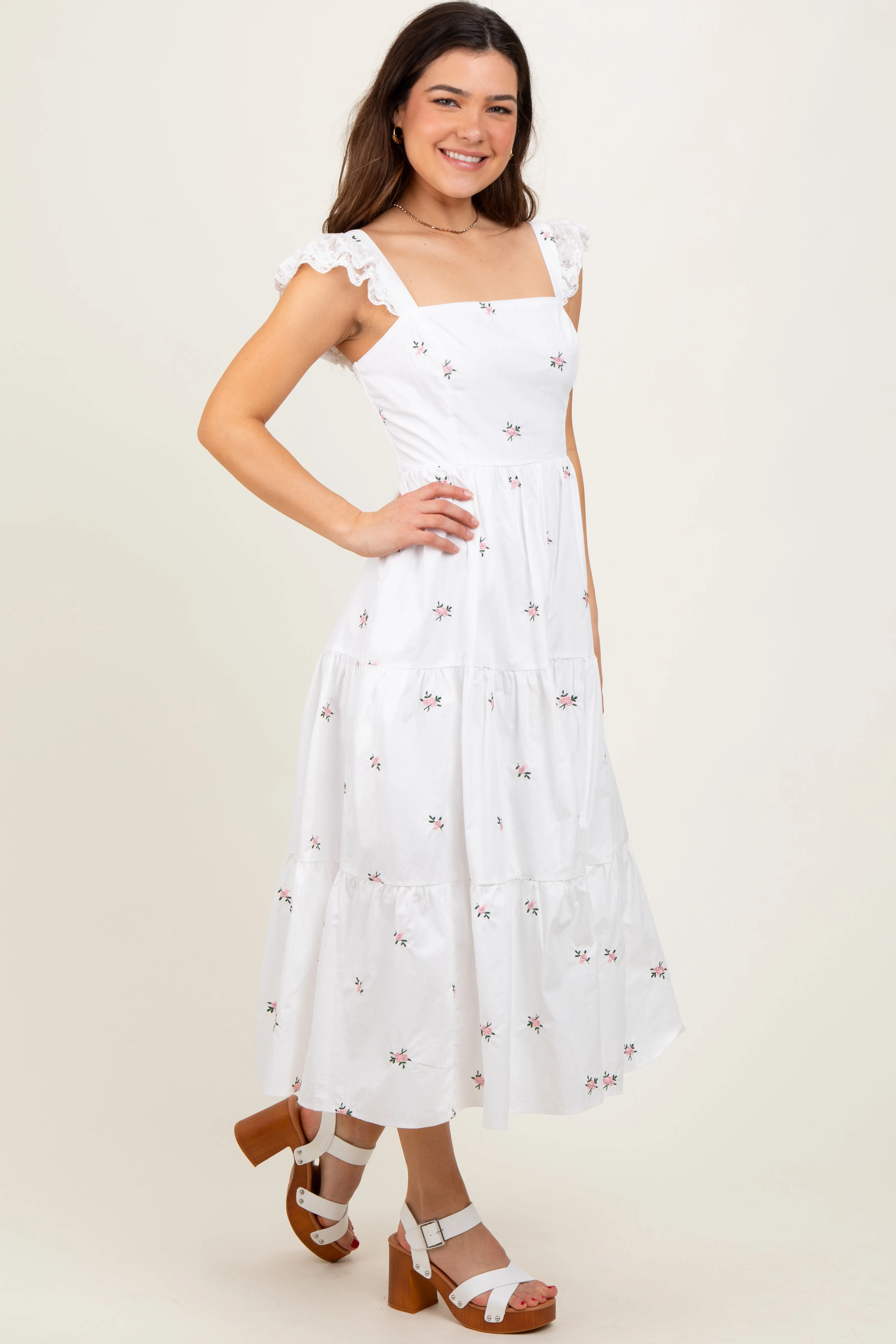 White Floral Embroidered Tiered Midi Dress sold by Pinkblush product image thumbnail 3