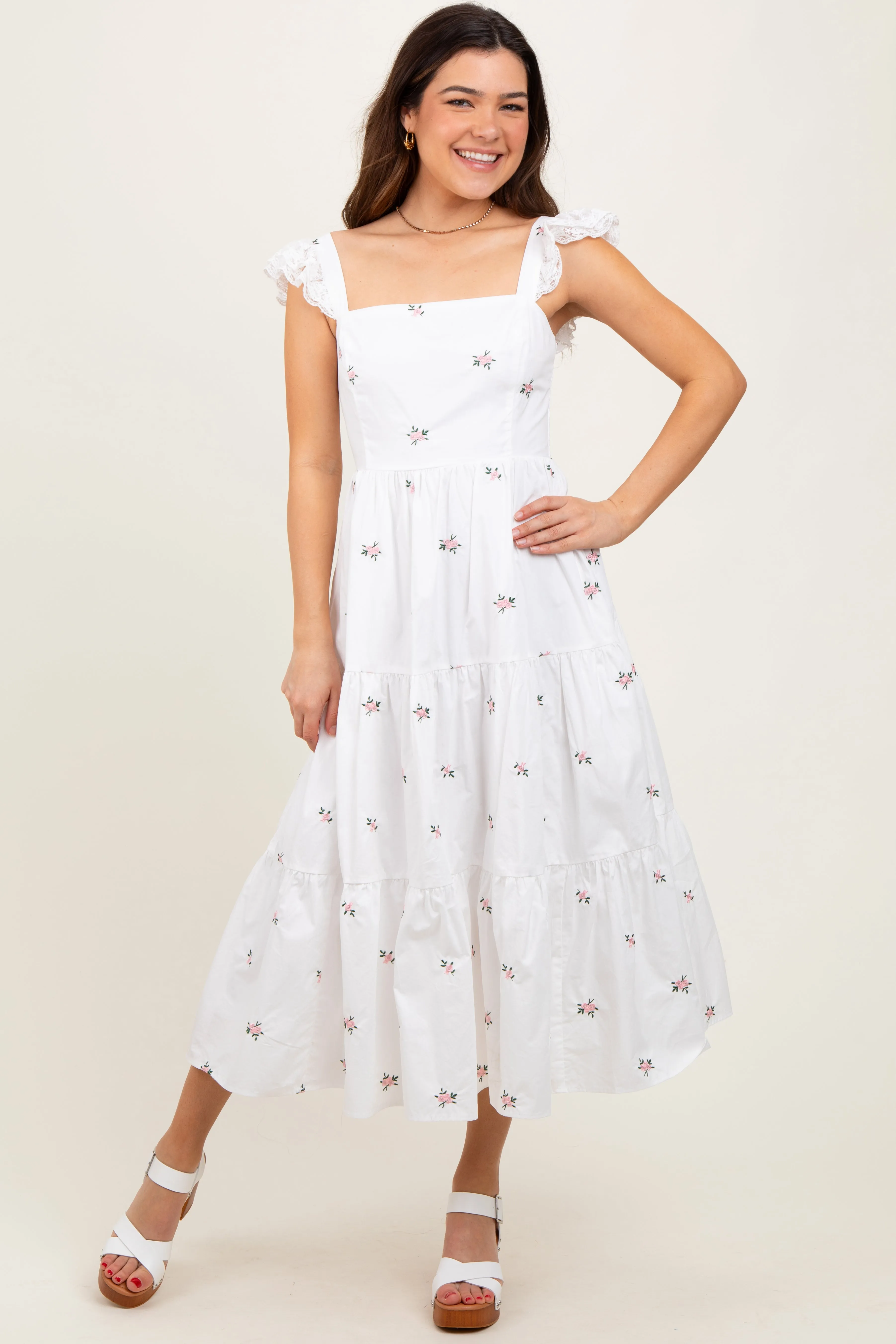 White Floral Embroidered Tiered Midi Dress sold by Pinkblush