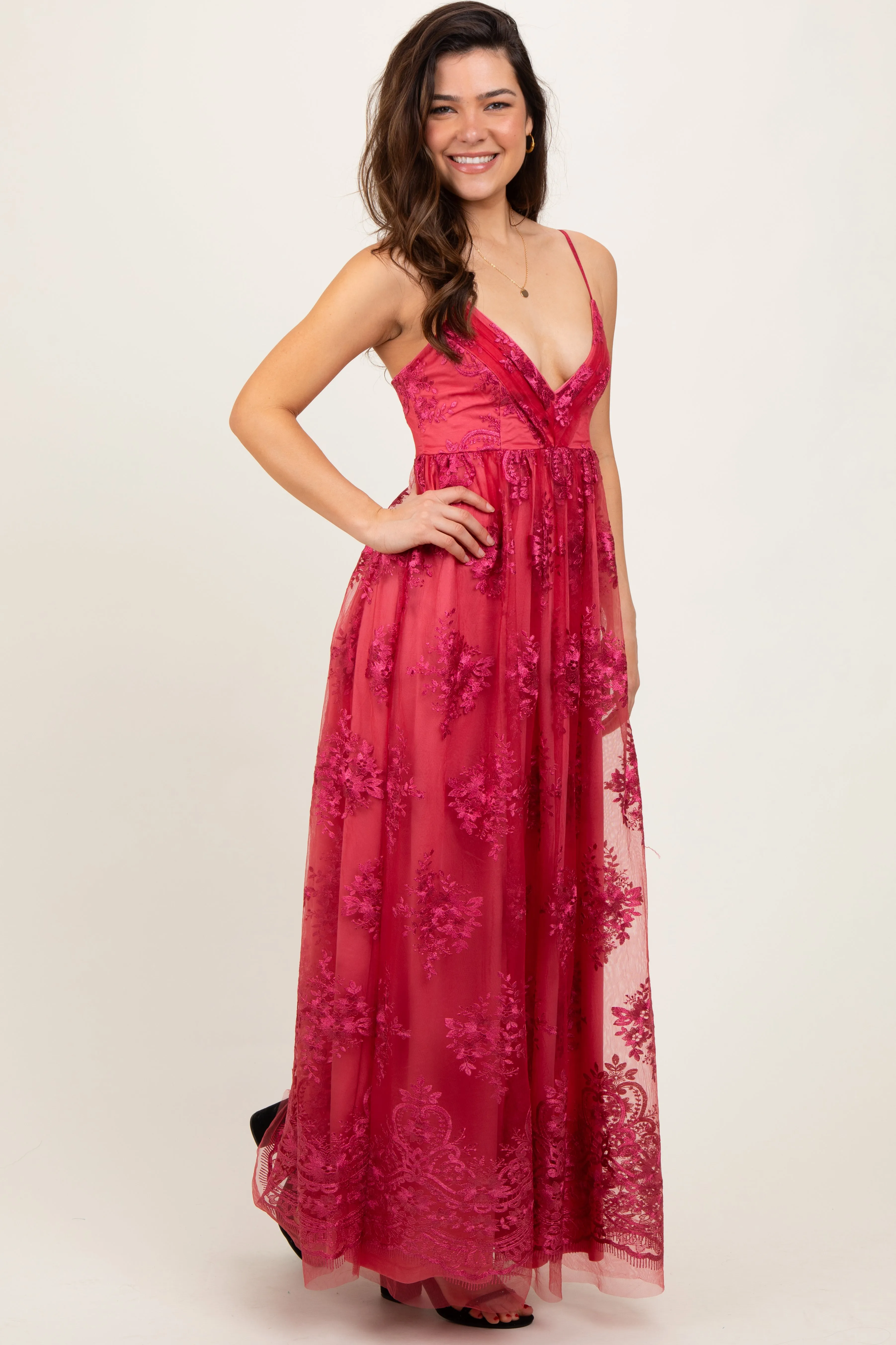 Red Floral Lace Overlay Maxi Dress sold by Pinkblush product image thumbnail 3