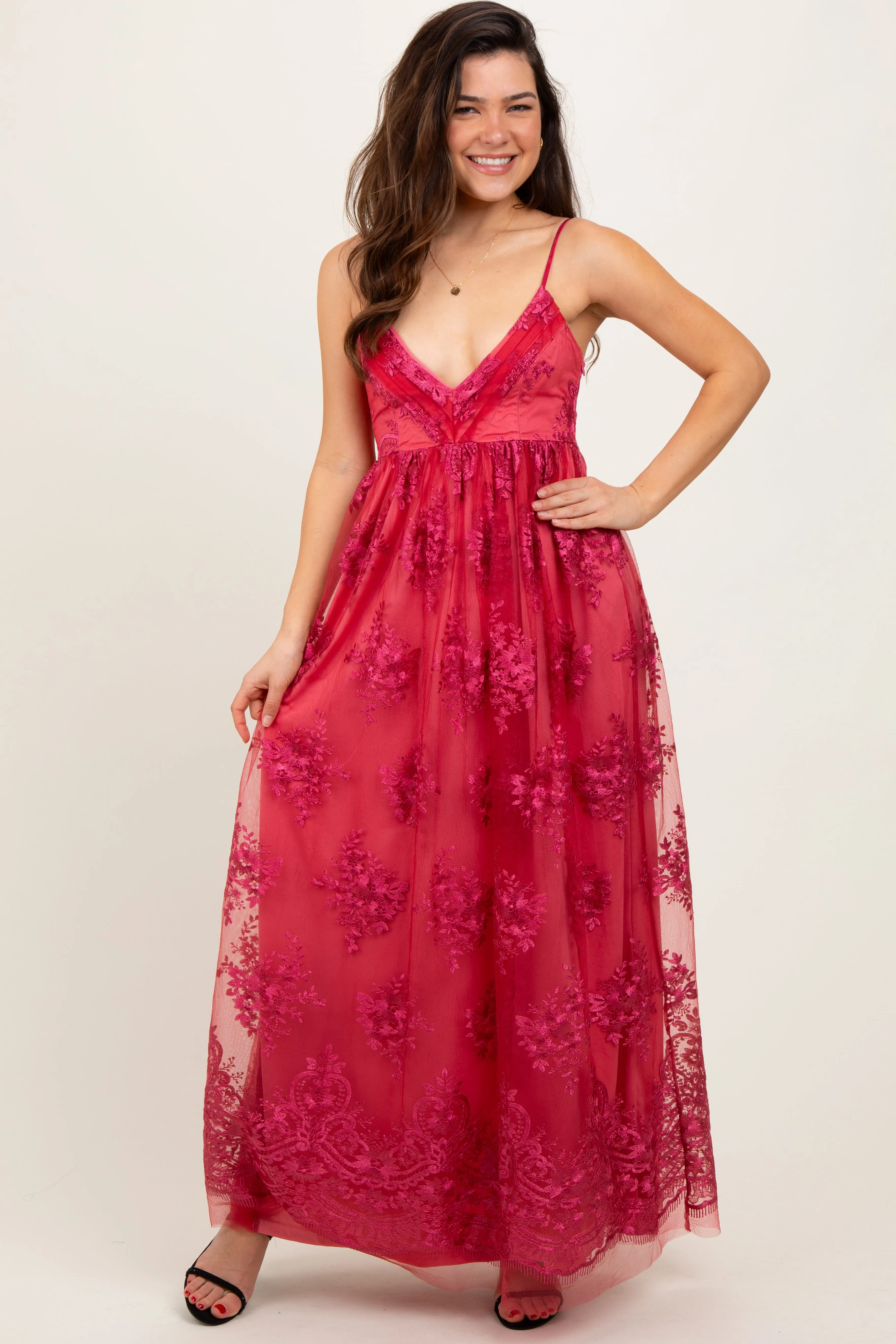 Red Floral Lace Overlay Maxi Dress sold by Pinkblush product image thumbnail 2