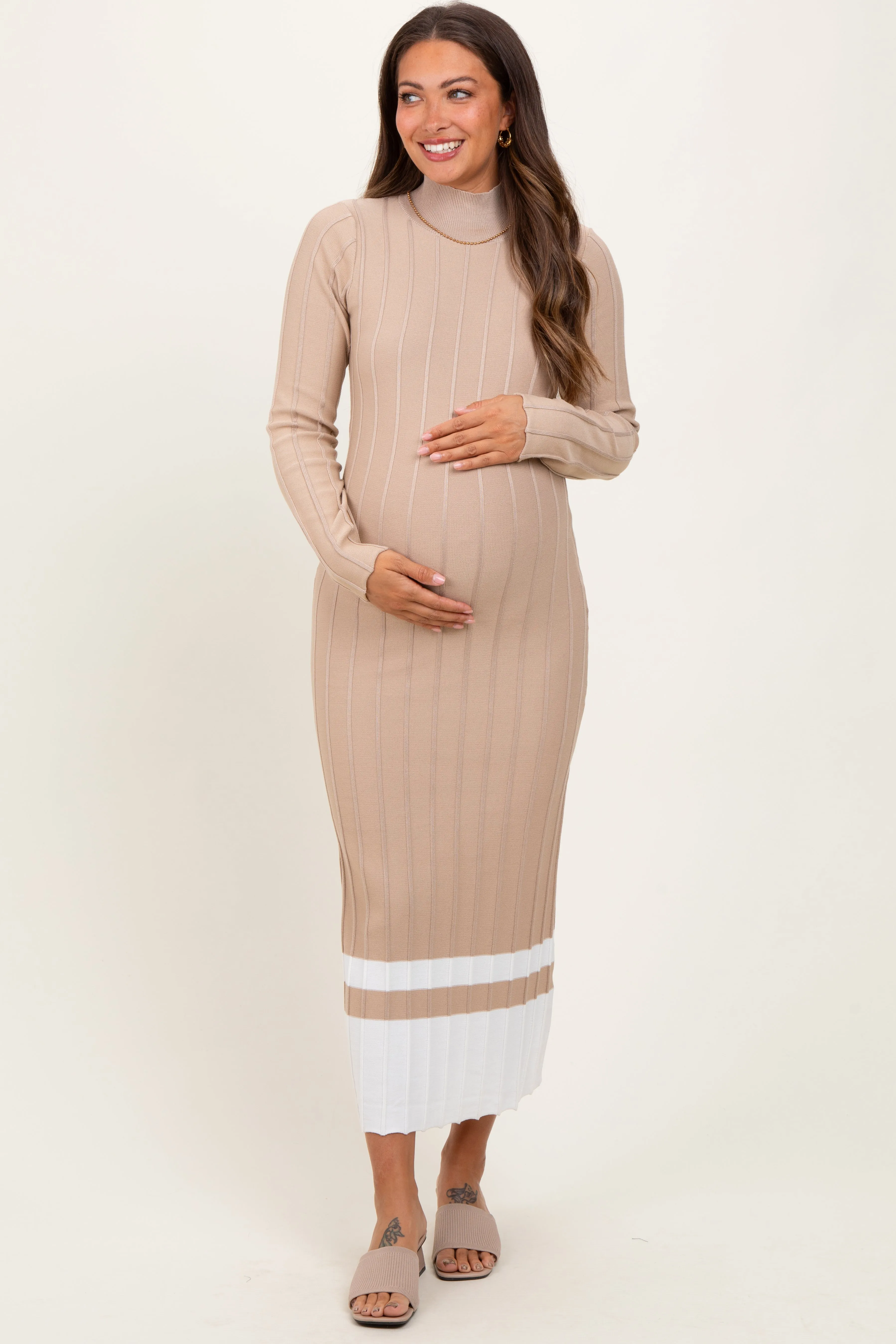 Beige Colorblock Hem Mock Neck Maternity Sweater Dress sold by Pinkblush