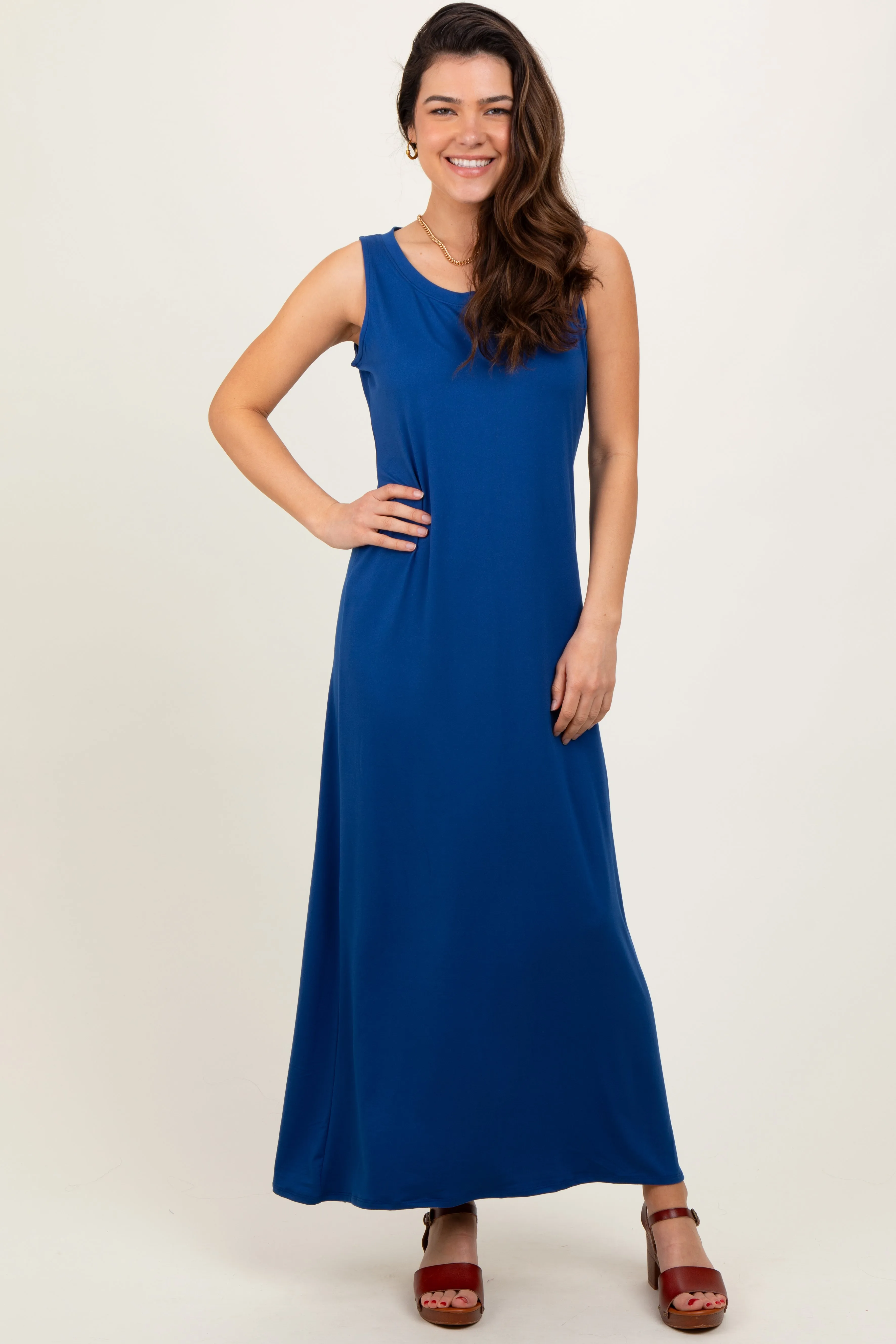 Navy Sleeveless Flared Scoop Neck Maxi Dress sold by Pinkblush