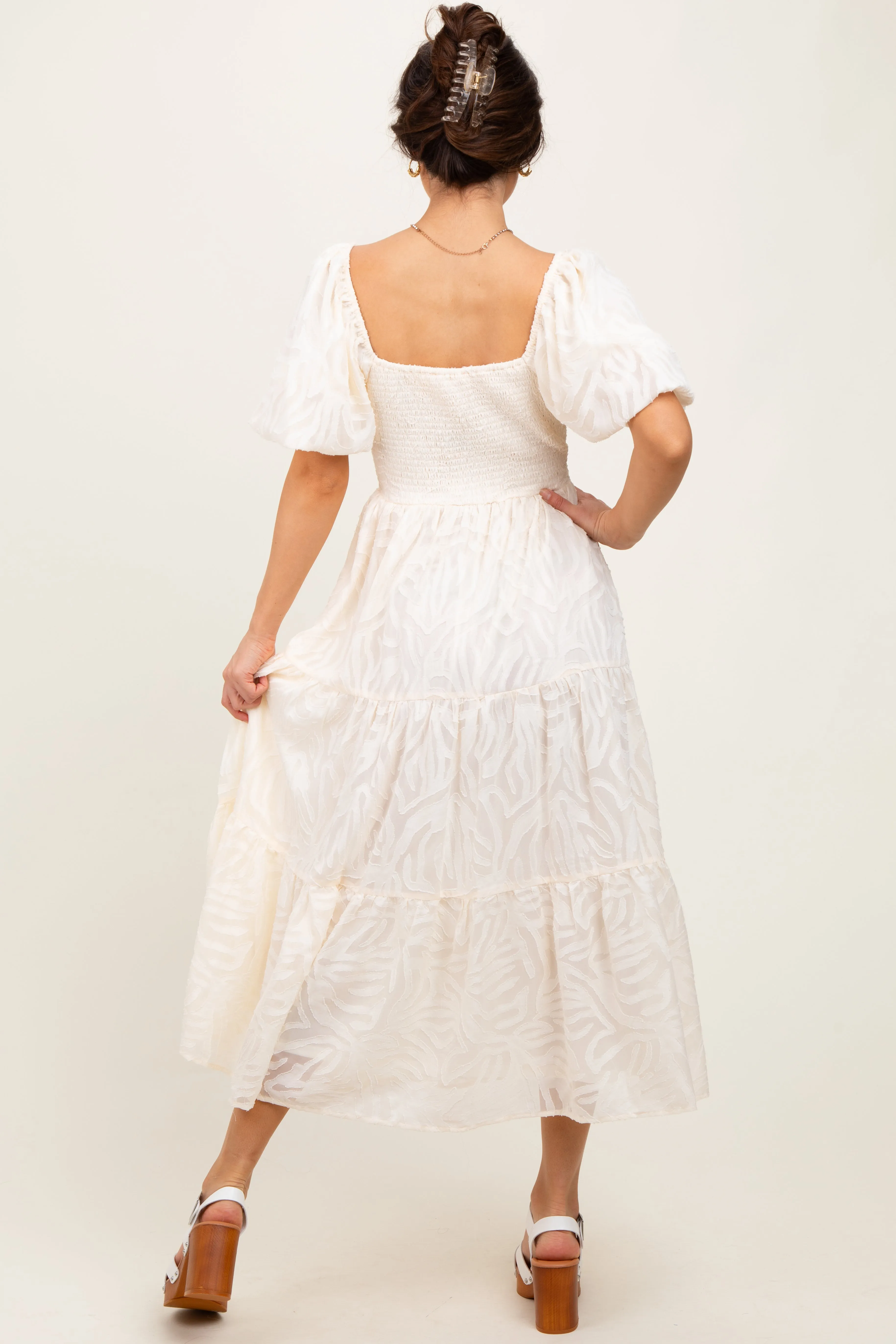 Cream Jacquard Puff Sleeve Tiered Midi Dress sold by Pinkblush product image thumbnail 4
