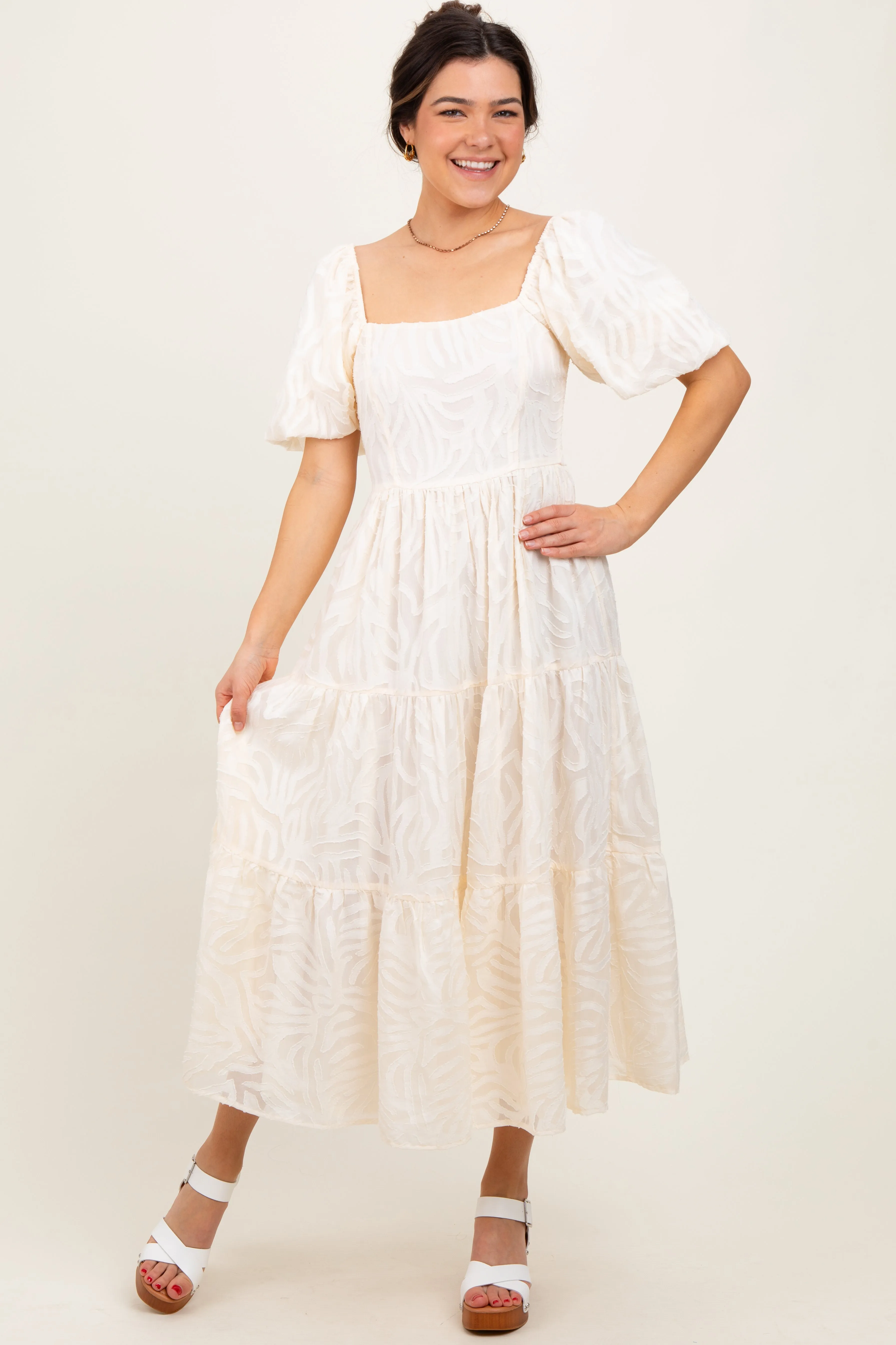 Cream Jacquard Puff Sleeve Tiered Midi Dress sold by Pinkblush product image thumbnail 2