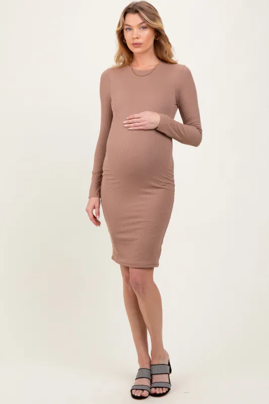 Mocha Crew Neck Double Layered Rib Maternity Mini Dress sold by Pinkblush