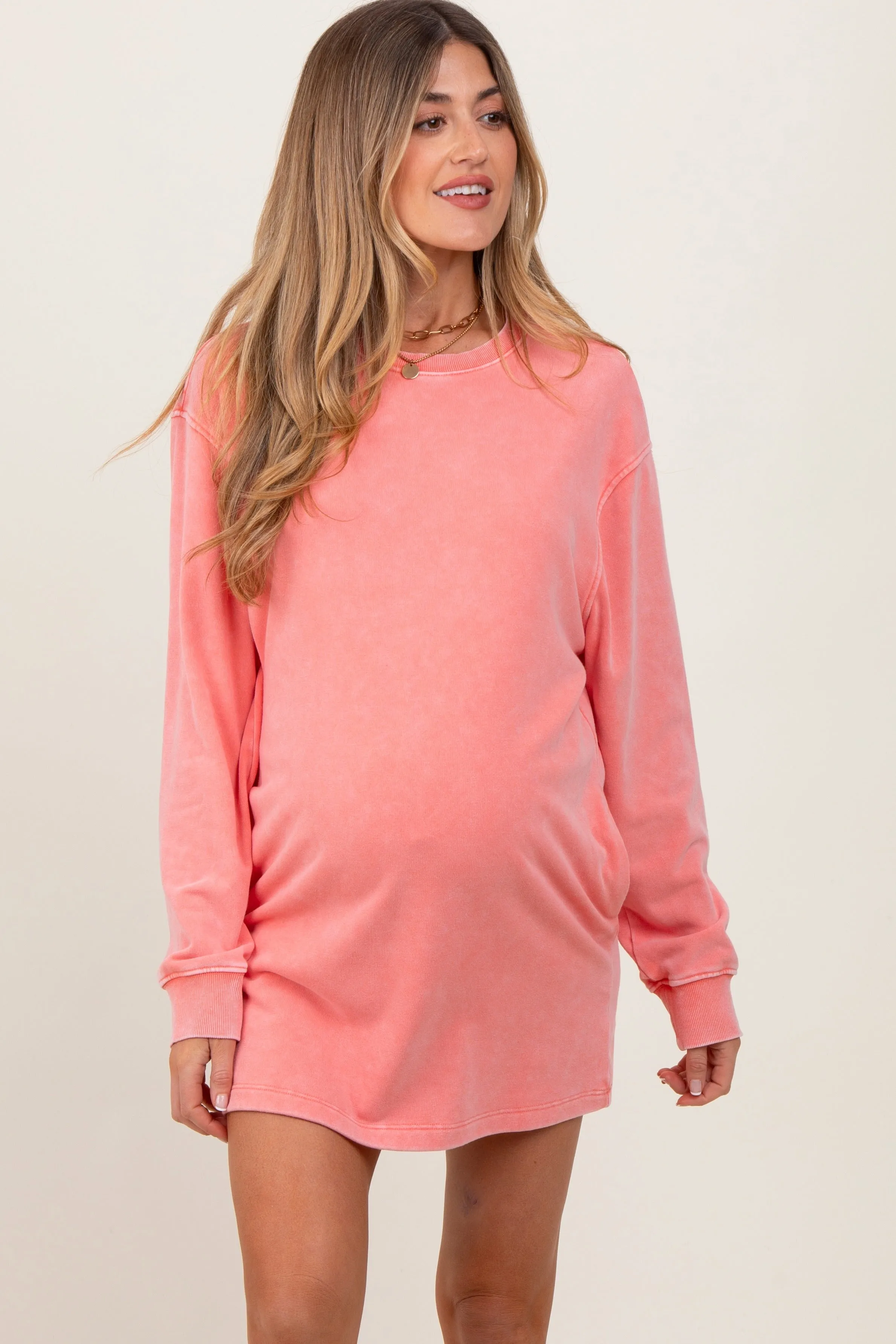 Coral Long Sleeve Oversized Sweatshirt Maternity Mini Dress sold by Pinkblush