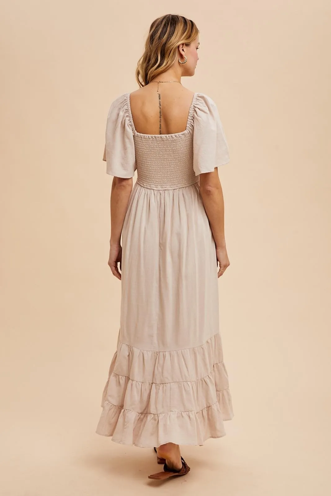 Cream Smocked Cotton Flutter Sleeve Maxi Dress sold by Pinkblush product image thumbnail 4