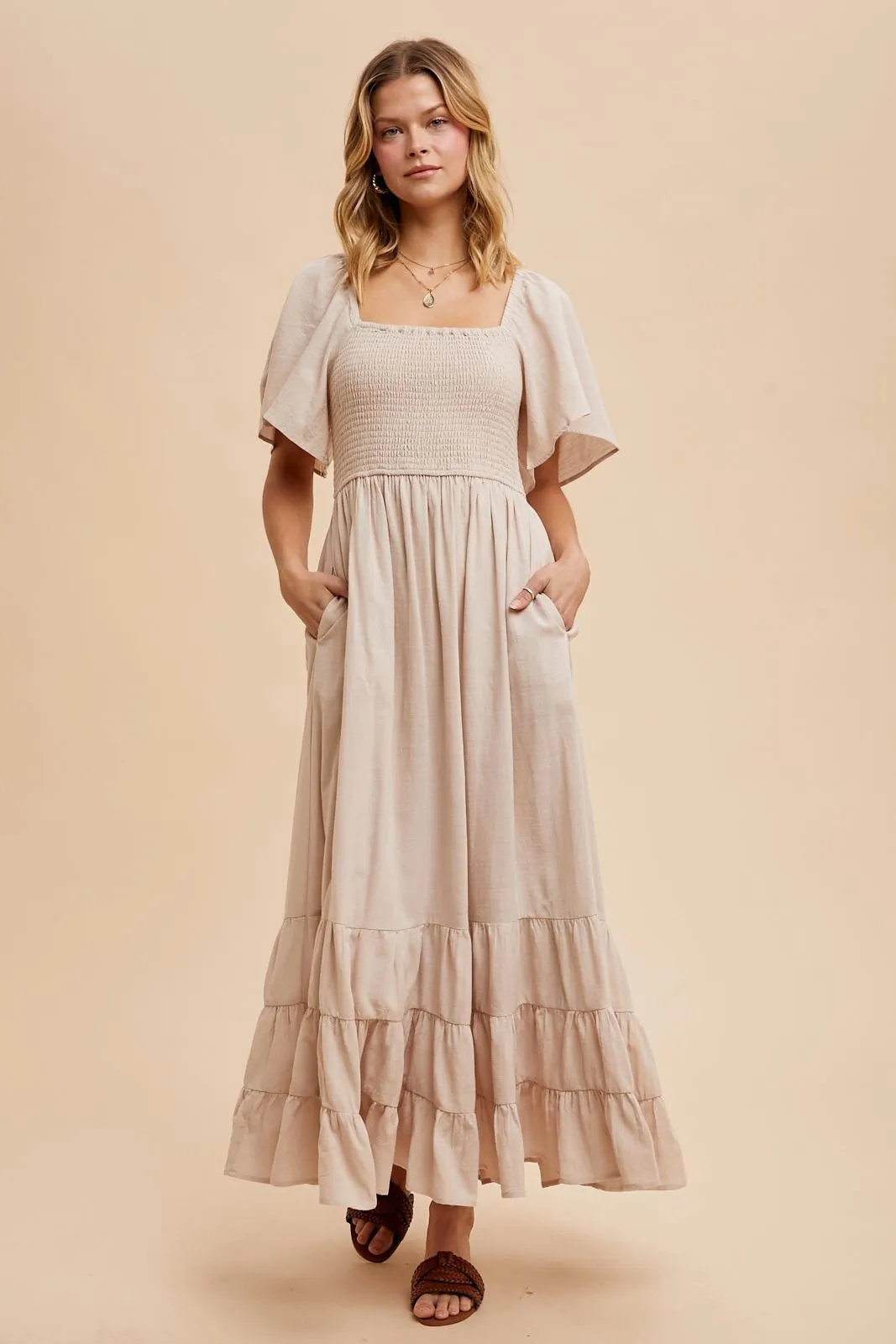 Cream Smocked Cotton Flutter Sleeve Maxi Dress sold by Pinkblush