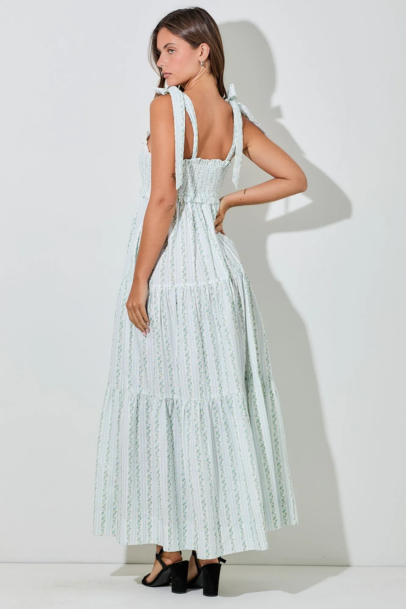 Blue Floral Striped Smocked Shoulder Tie Maxi Dress sold by Pinkblush product image thumbnail 3