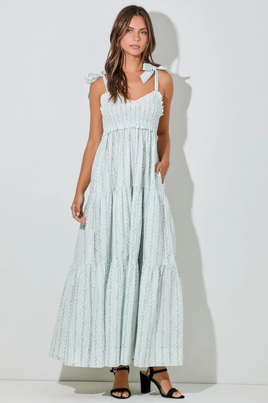 Blue Floral Striped Smocked Shoulder Tie Maxi Dress sold by Pinkblush