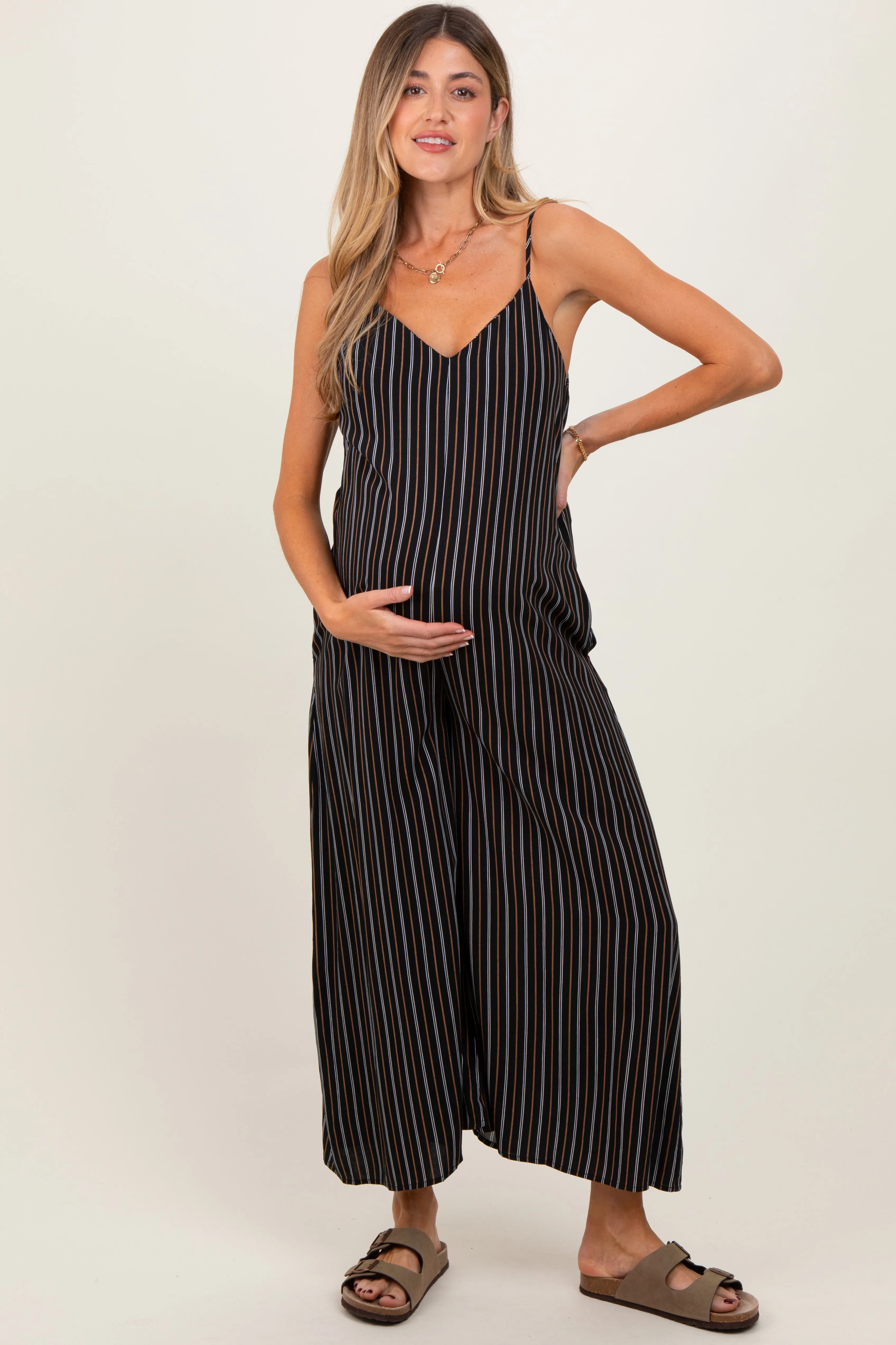 Black Striped Wide Leg Sleeveless Maternity Jumpsuit sold by Pinkblush