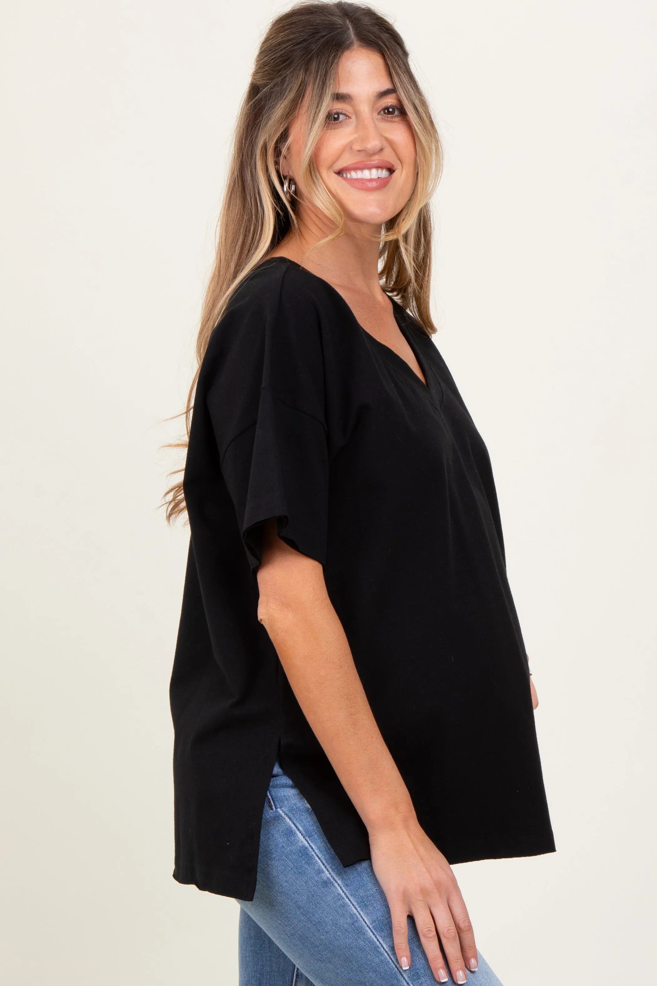 Black Oversized V-Neck Side Slit Maternity Tee sold by Pinkblush product image thumbnail 2