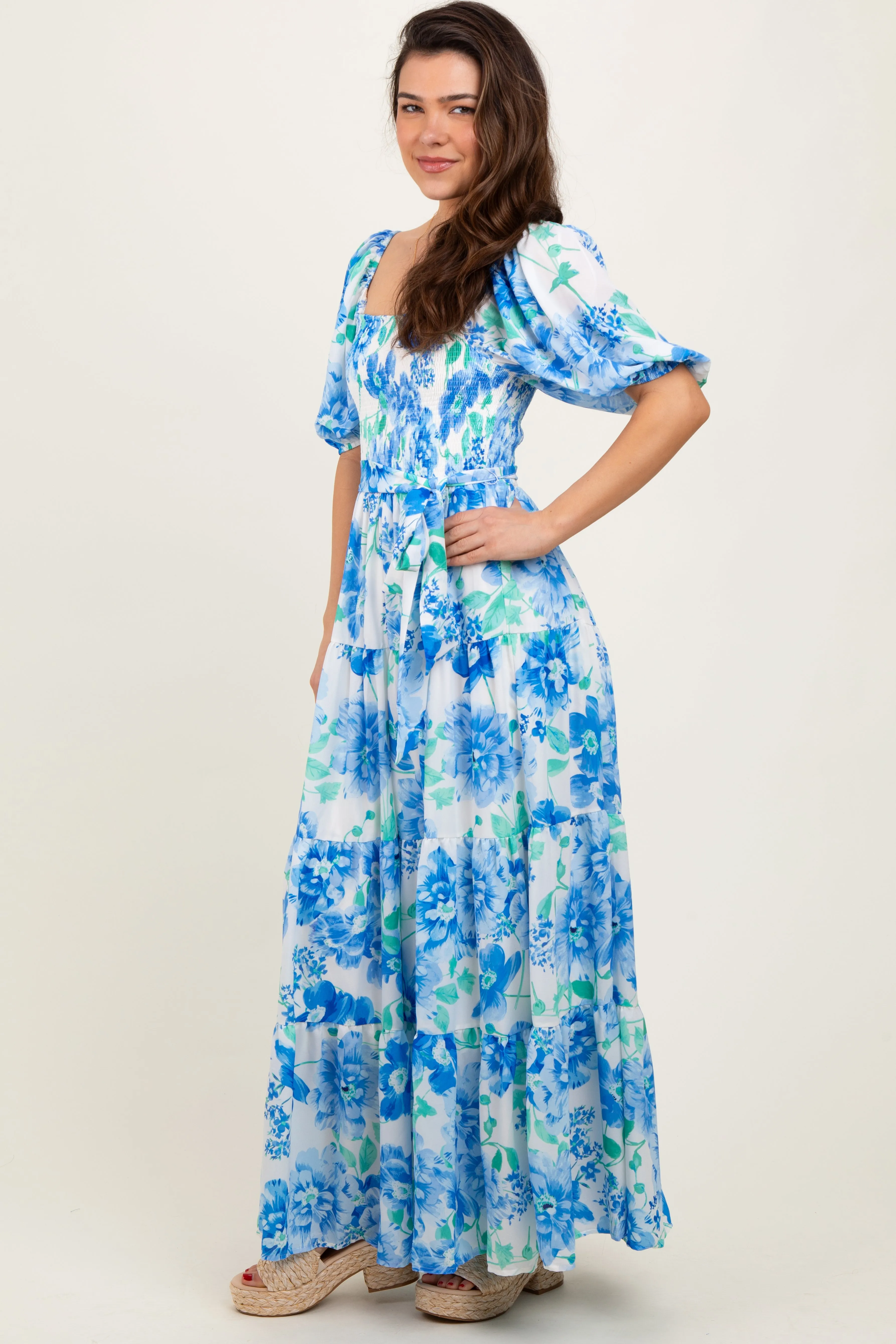 Blue Floral Smocked Puff Sleeve Maxi Dress sold by Pinkblush product image thumbnail 2