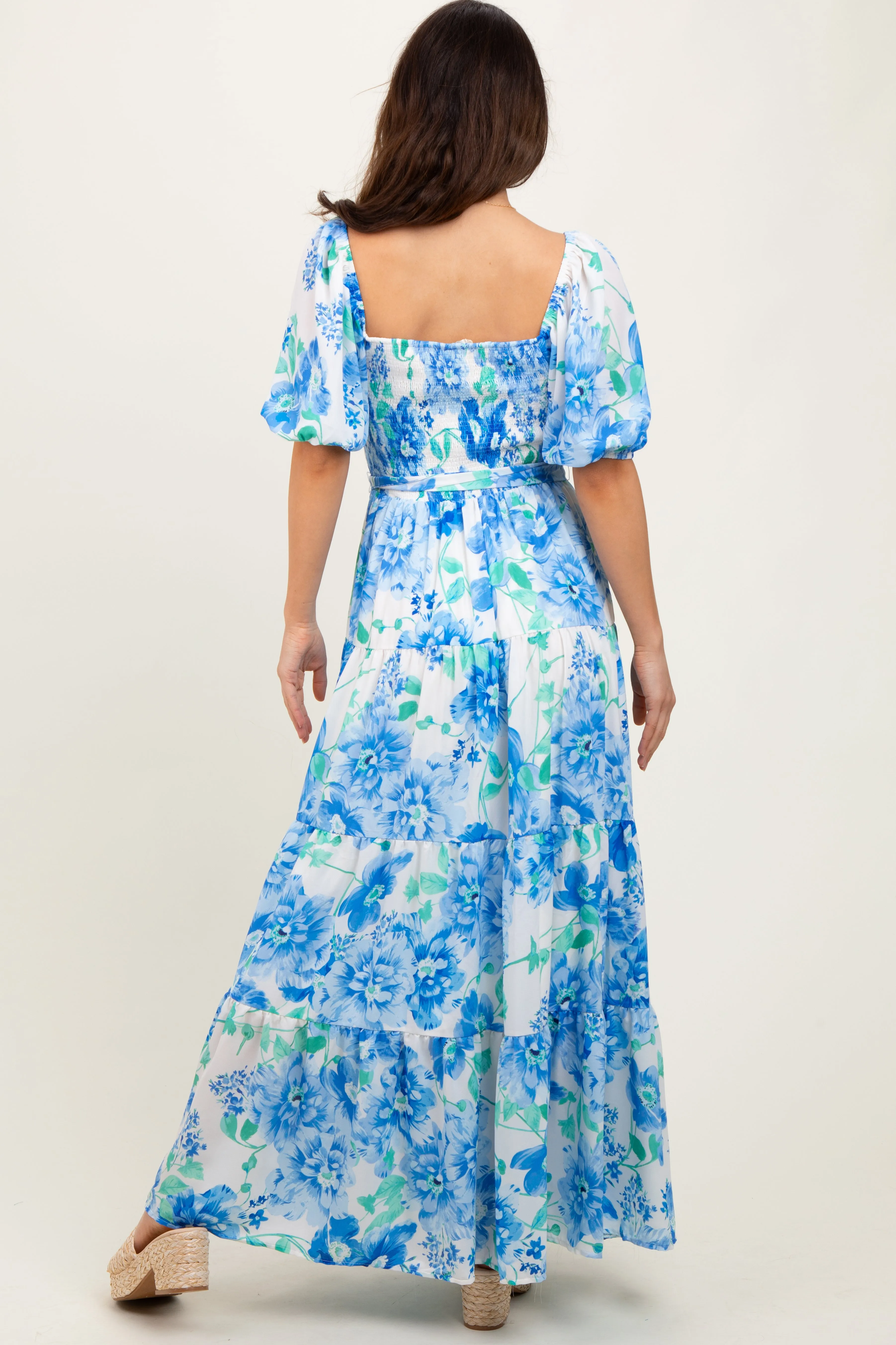 Blue Floral Smocked Puff Sleeve Maxi Dress sold by Pinkblush product image thumbnail 3