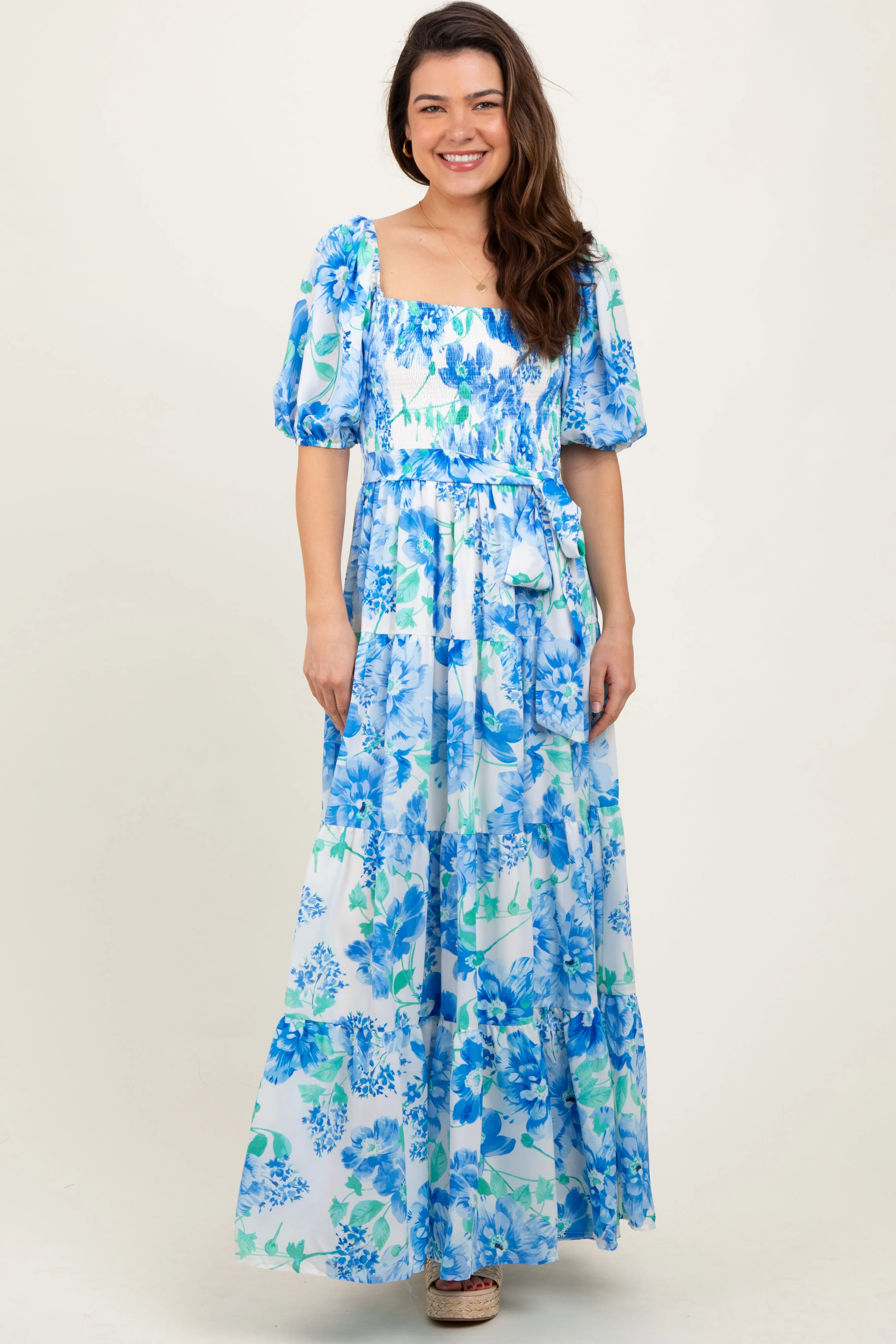 Blue Floral Smocked Puff Sleeve Maxi Dress sold by Pinkblush