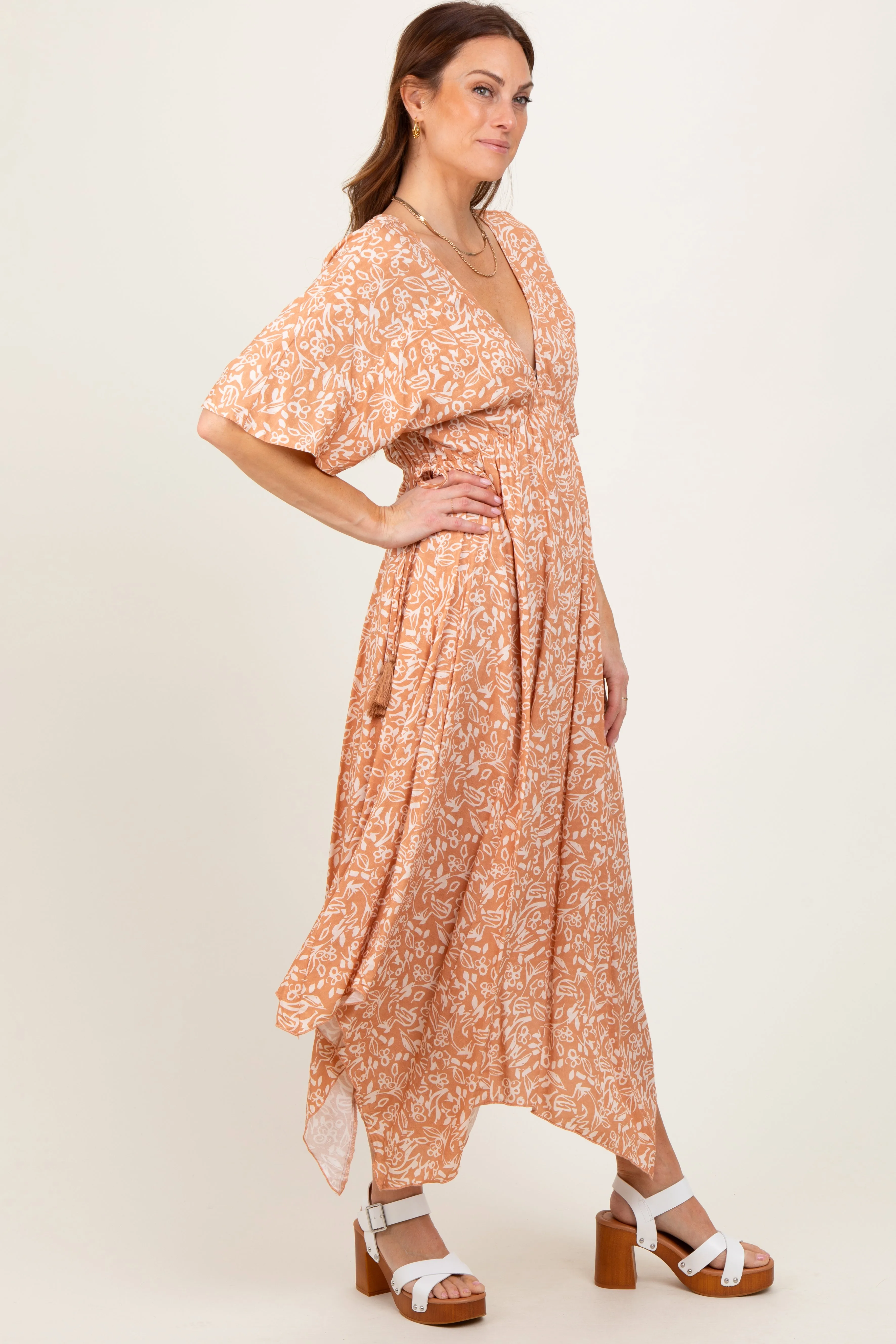 Peach Floral V-Neck Flutter Sleeve Maxi Dress sold by Pinkblush product image thumbnail 3