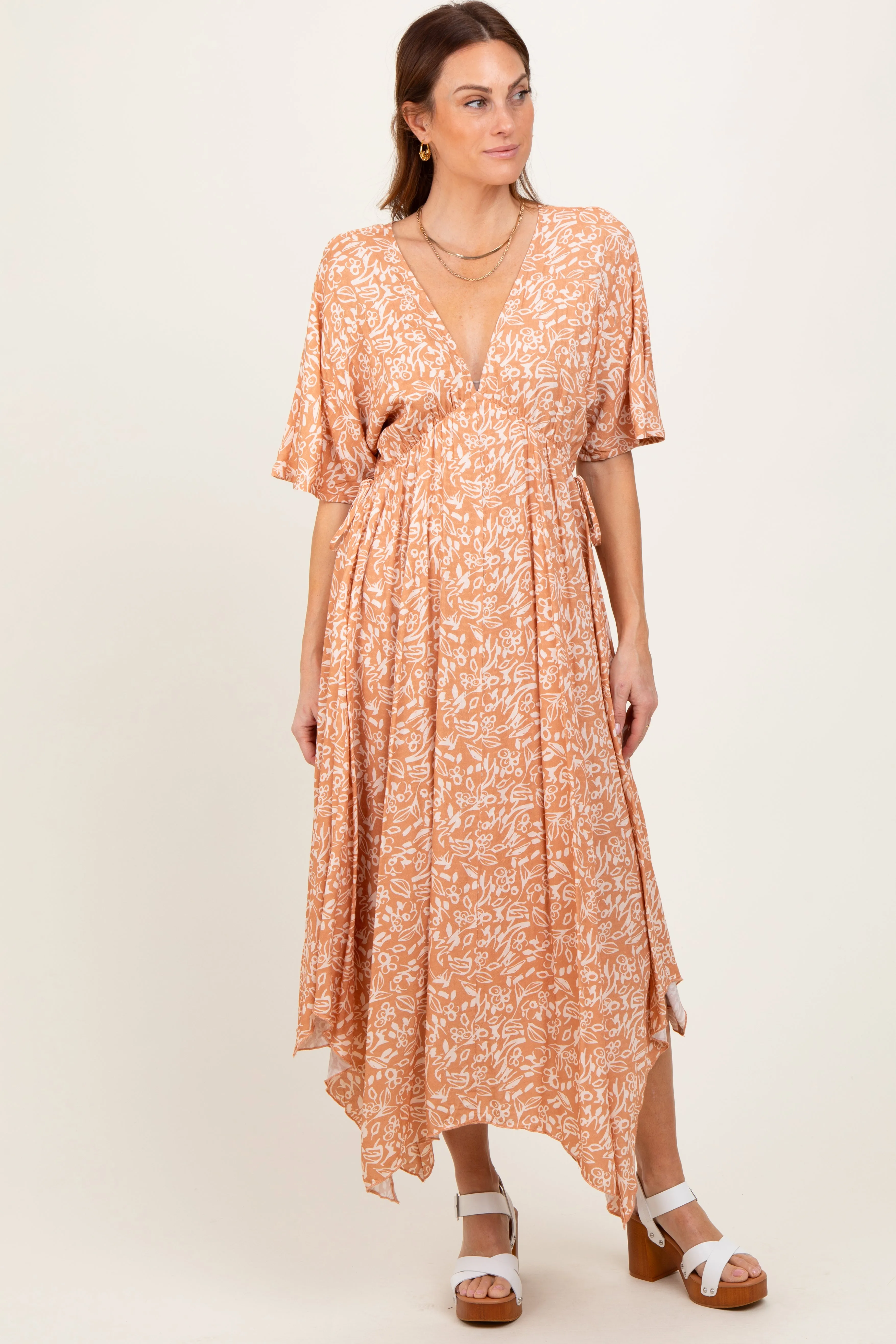 Peach Floral V-Neck Flutter Sleeve Maxi Dress sold by Pinkblush