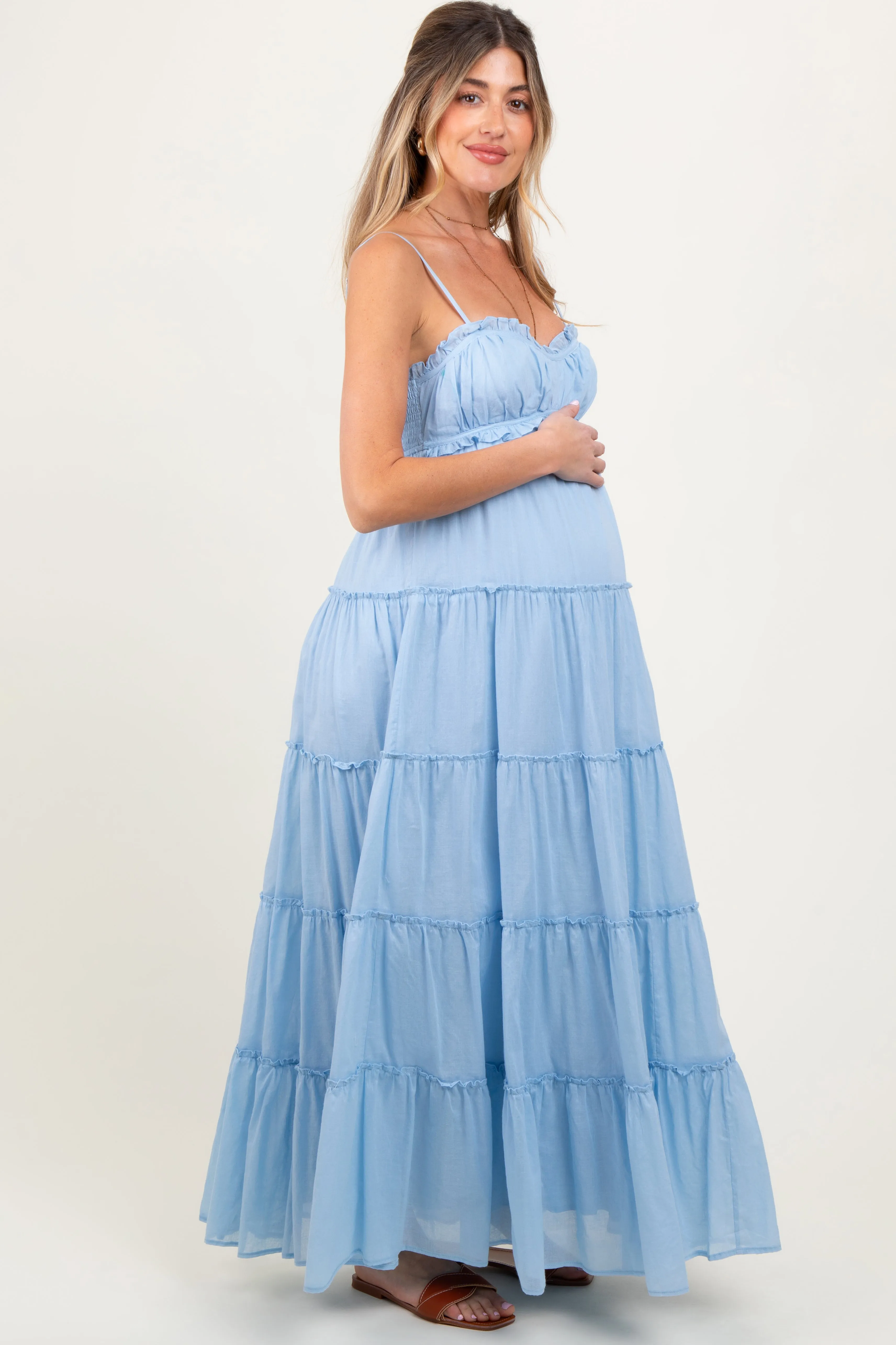 Light Blue Shirred Bust Ruffle Tiered Maternity Maxi Dress sold by Pinkblush product image thumbnail 2