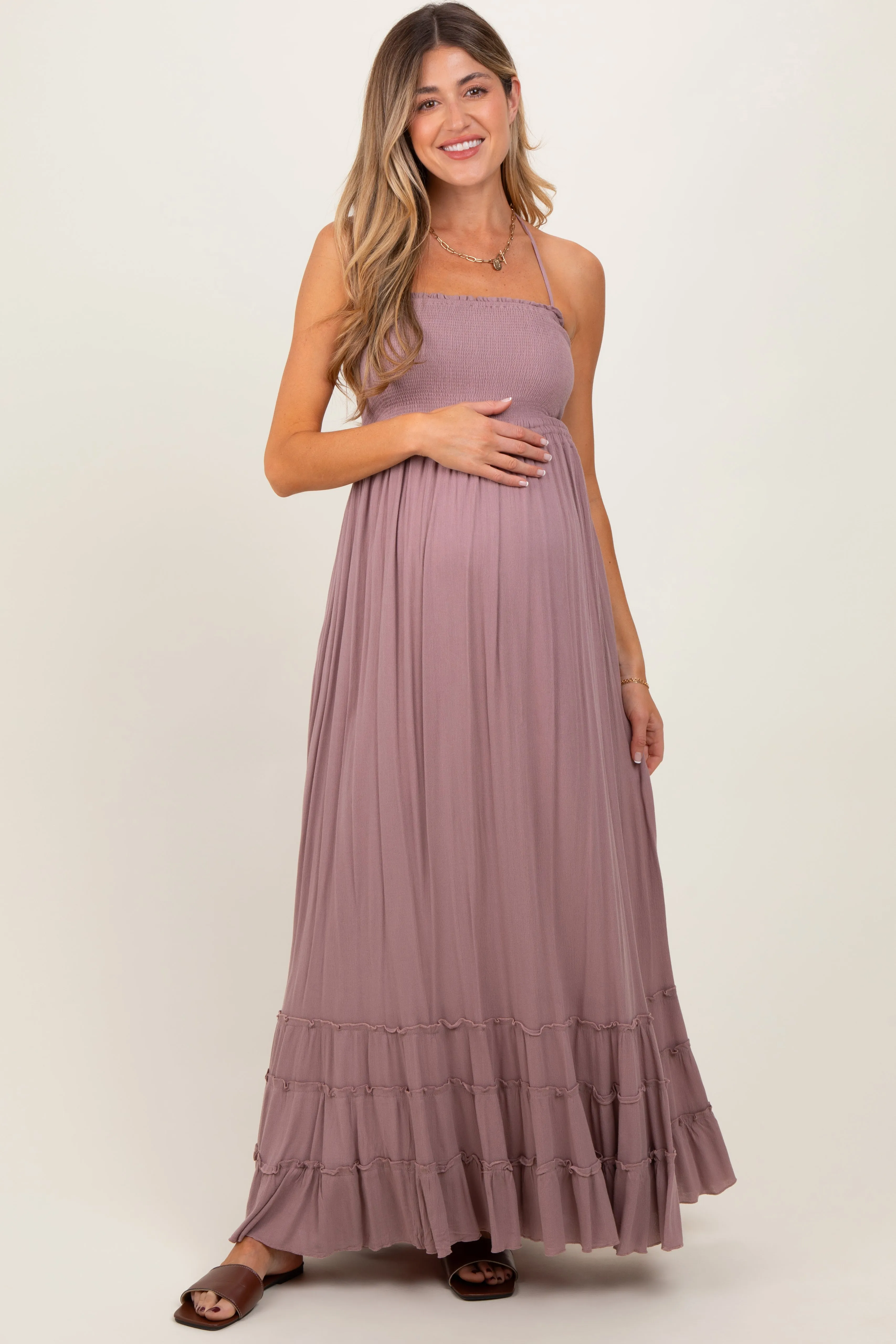 Mauve Smocked Woven Maternity Maxi Dress sold by Pinkblush