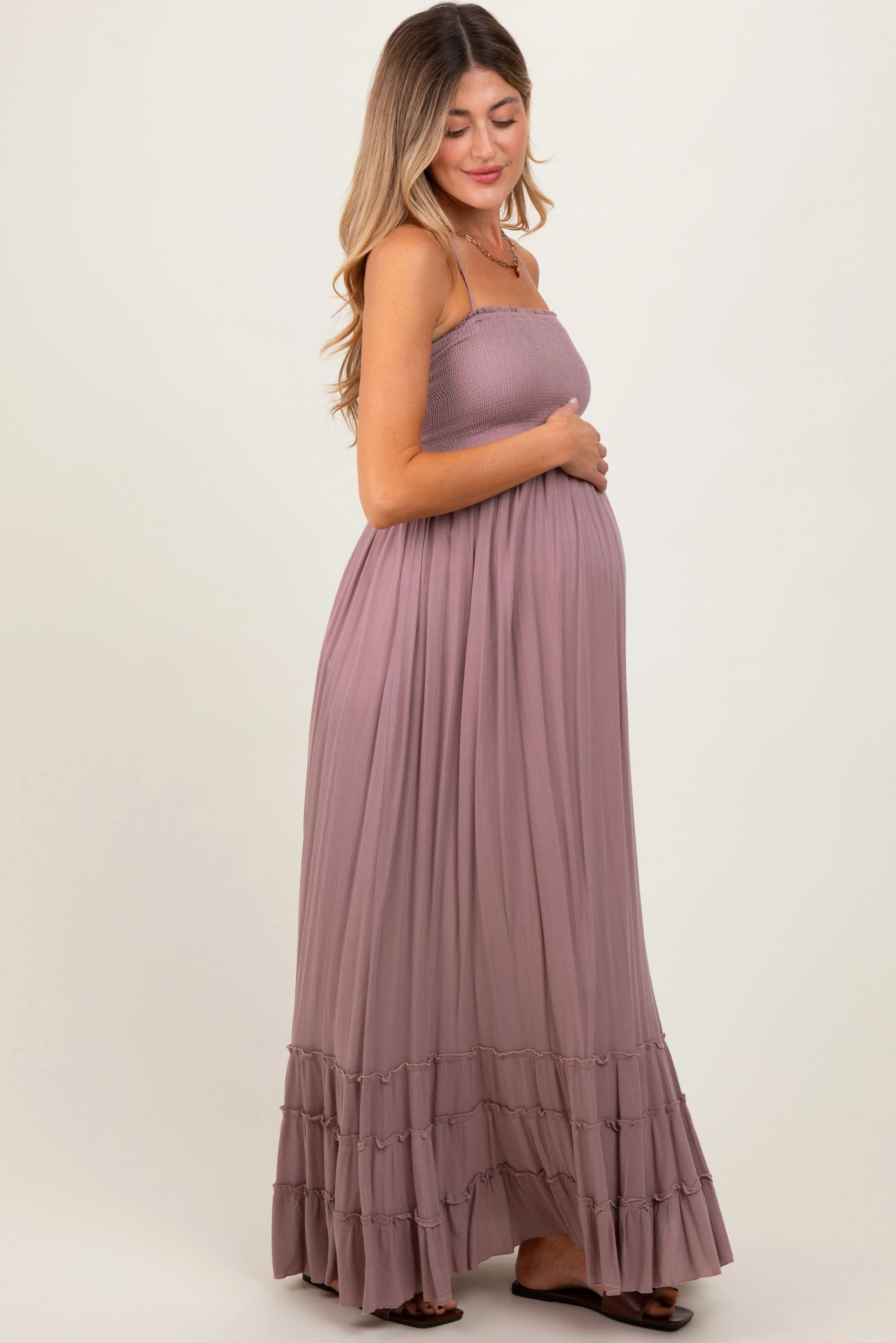 Mauve Smocked Woven Maternity Maxi Dress sold by Pinkblush product image thumbnail 2