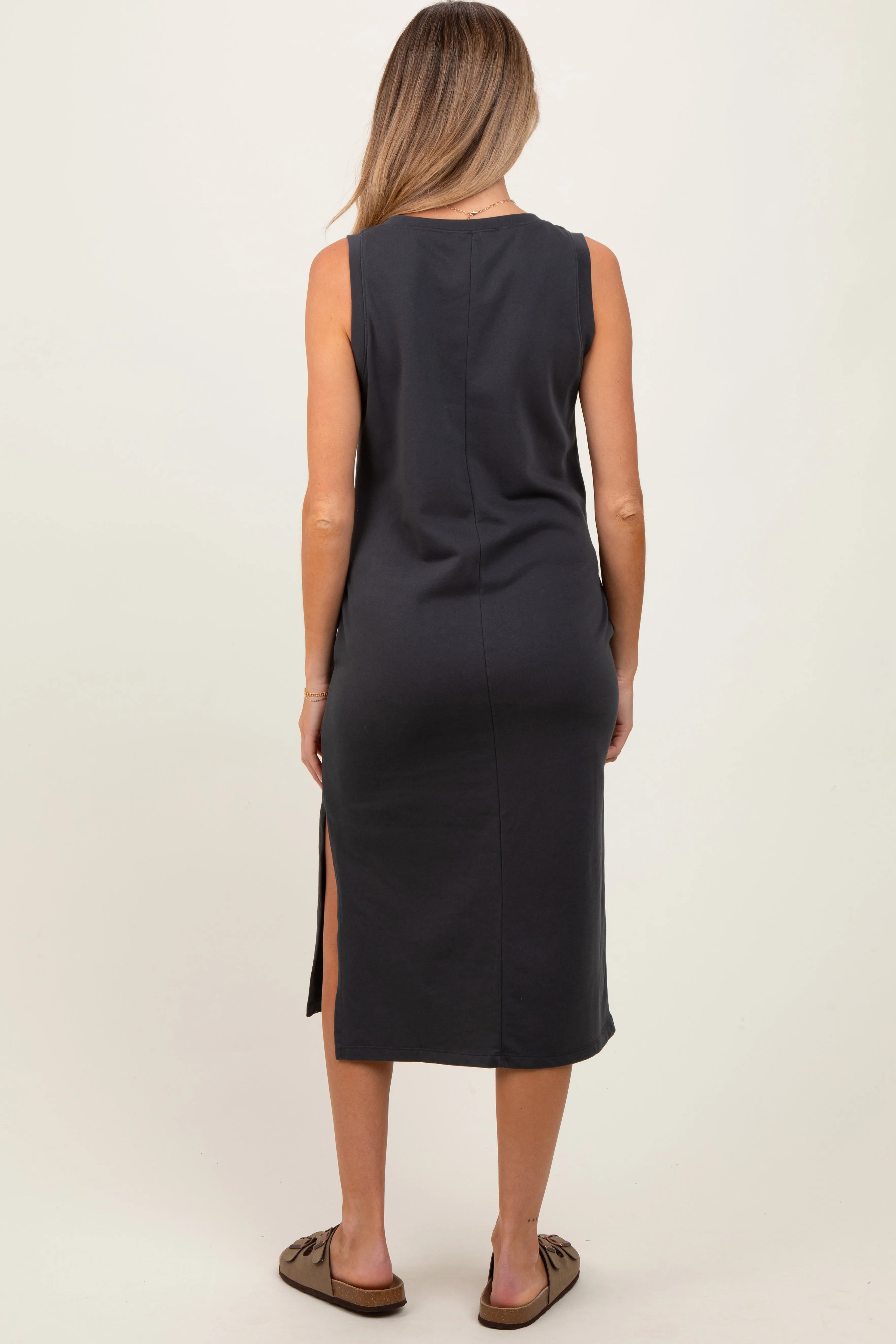 Charcoal V-Neck Sleeveless Side Slit Maternity Midi Dress sold by Pinkblush product image thumbnail 2