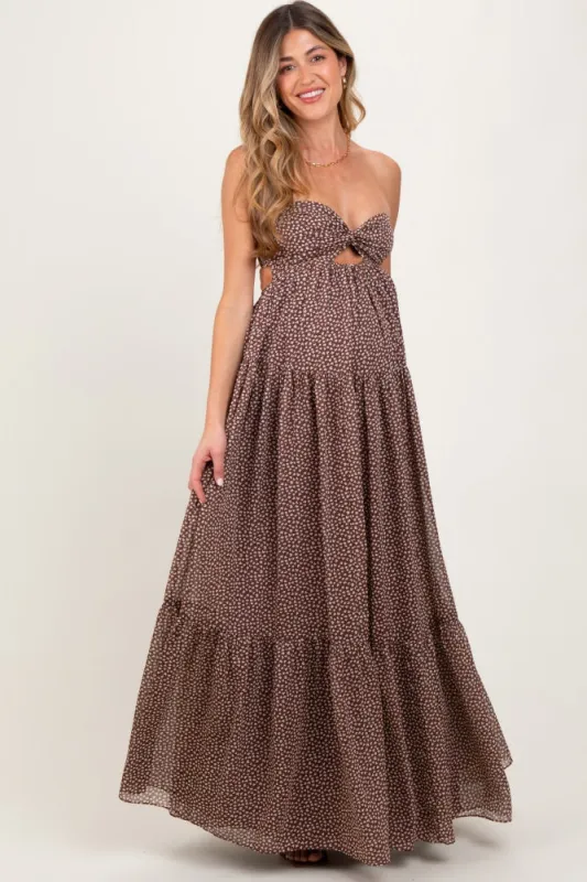 Brown Heart Print Twist Front Open Back Maternity Maxi Dress sold by Pinkblush