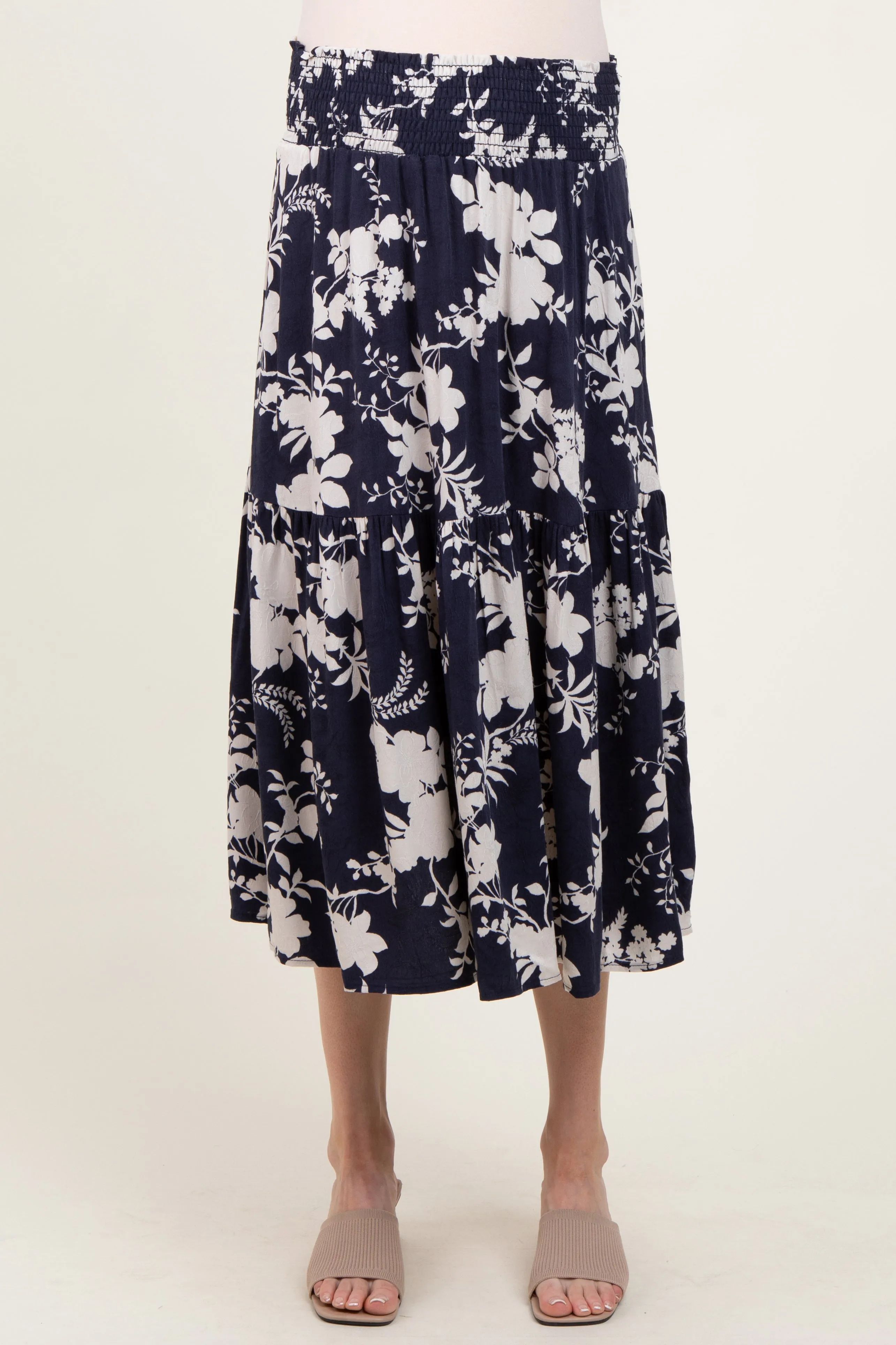 Navy Floral Smocked Waist Maternity Midi Skirt sold by Pinkblush product image thumbnail 3