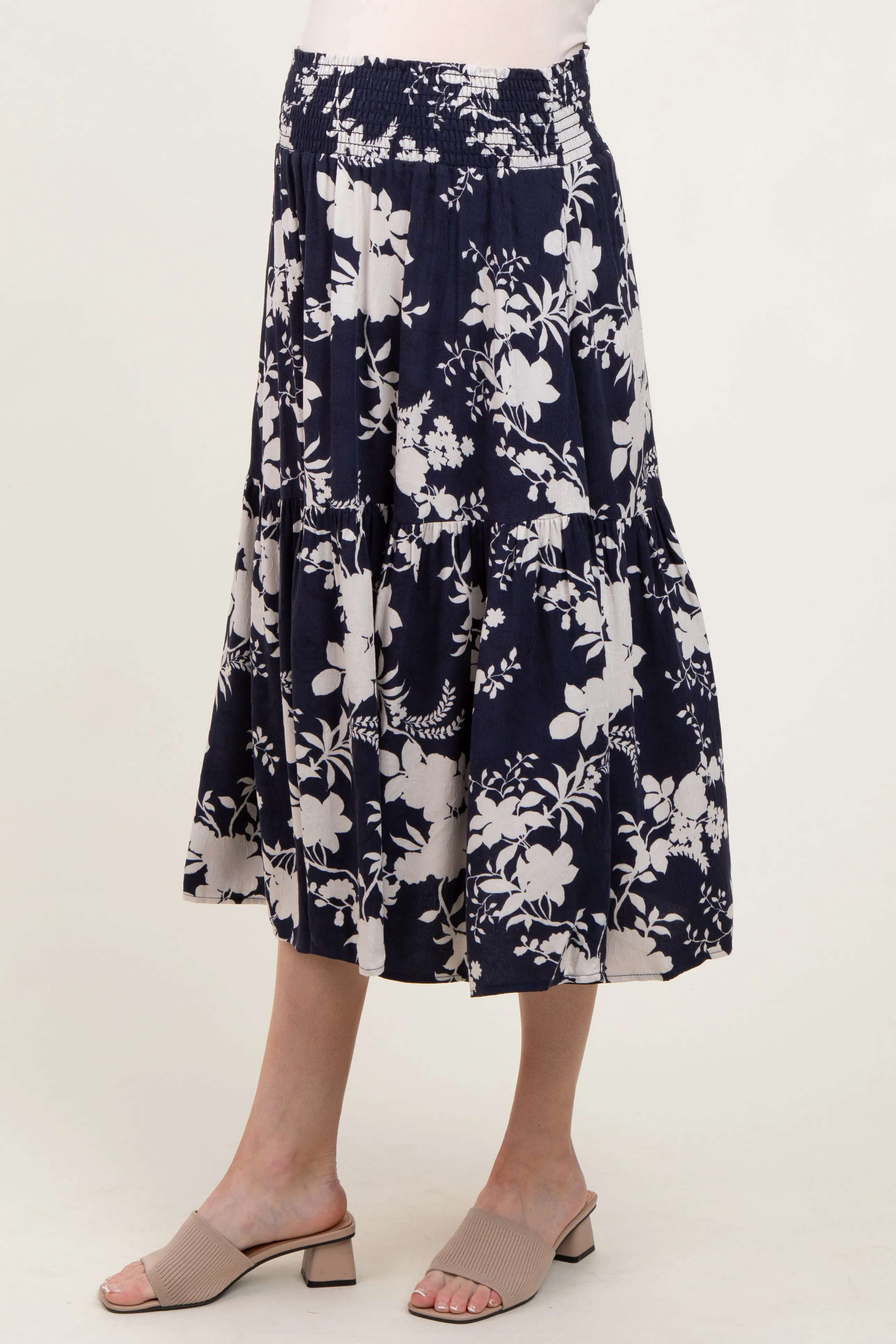 Navy Floral Smocked Waist Maternity Midi Skirt sold by Pinkblush product image thumbnail 4