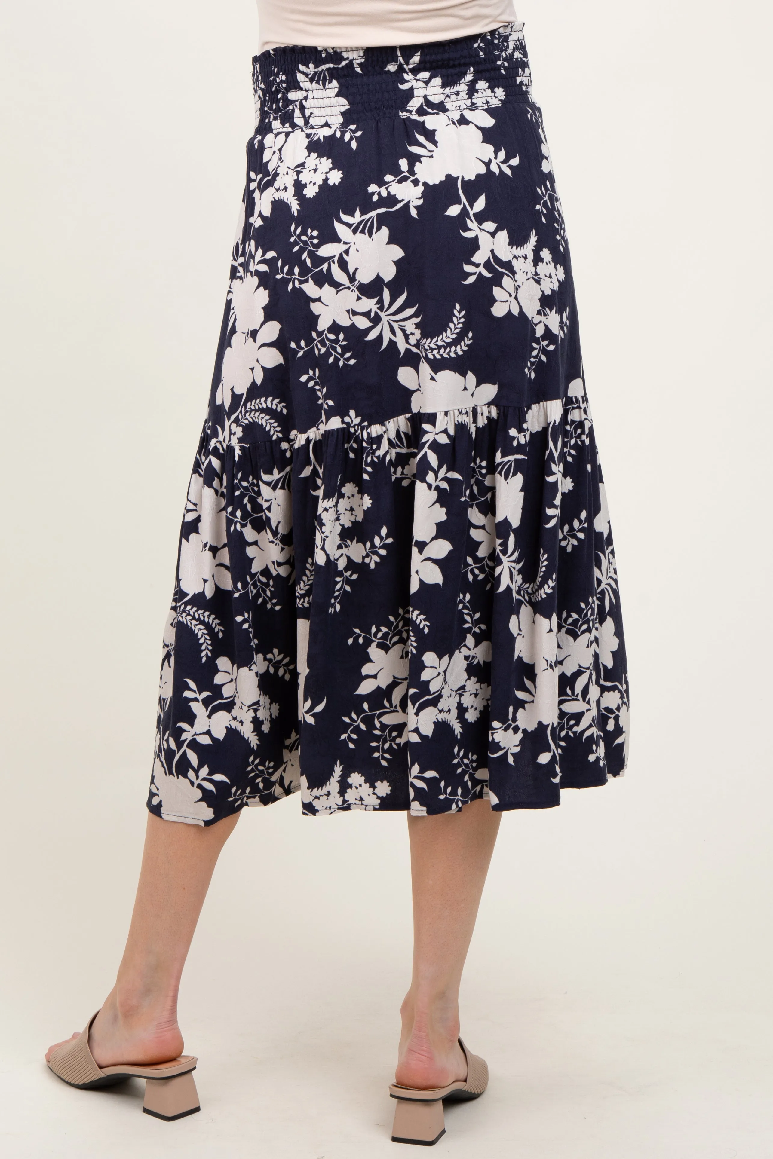Navy Floral Smocked Waist Maternity Midi Skirt sold by Pinkblush product image thumbnail 5