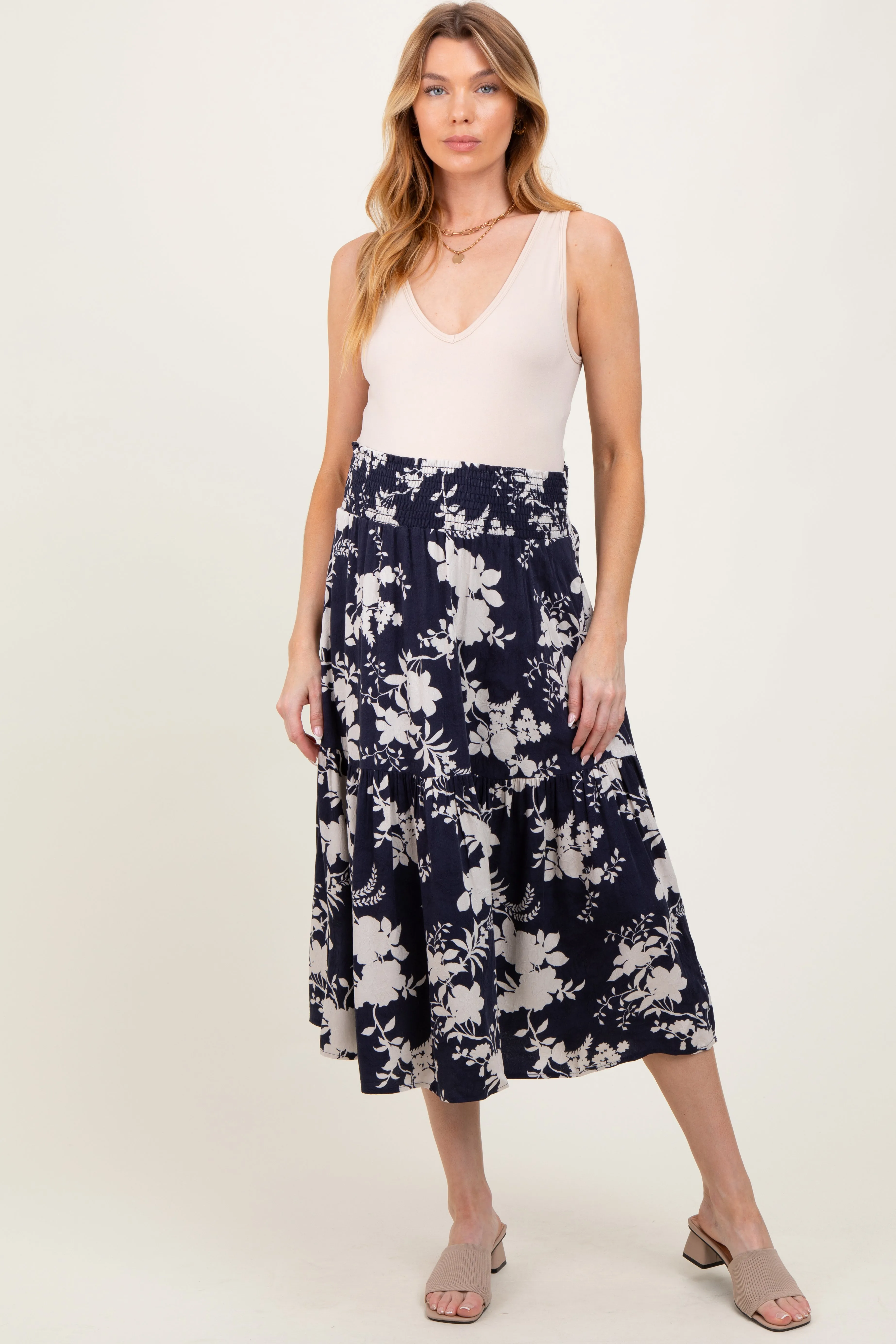 Navy Floral Smocked Waist Maternity Midi Skirt sold by Pinkblush product image thumbnail 2