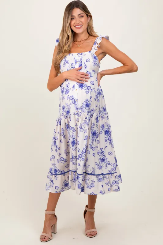 Navy Floral Ruffle Strap Tiered Maternity Midi Dress sold by Pinkblush