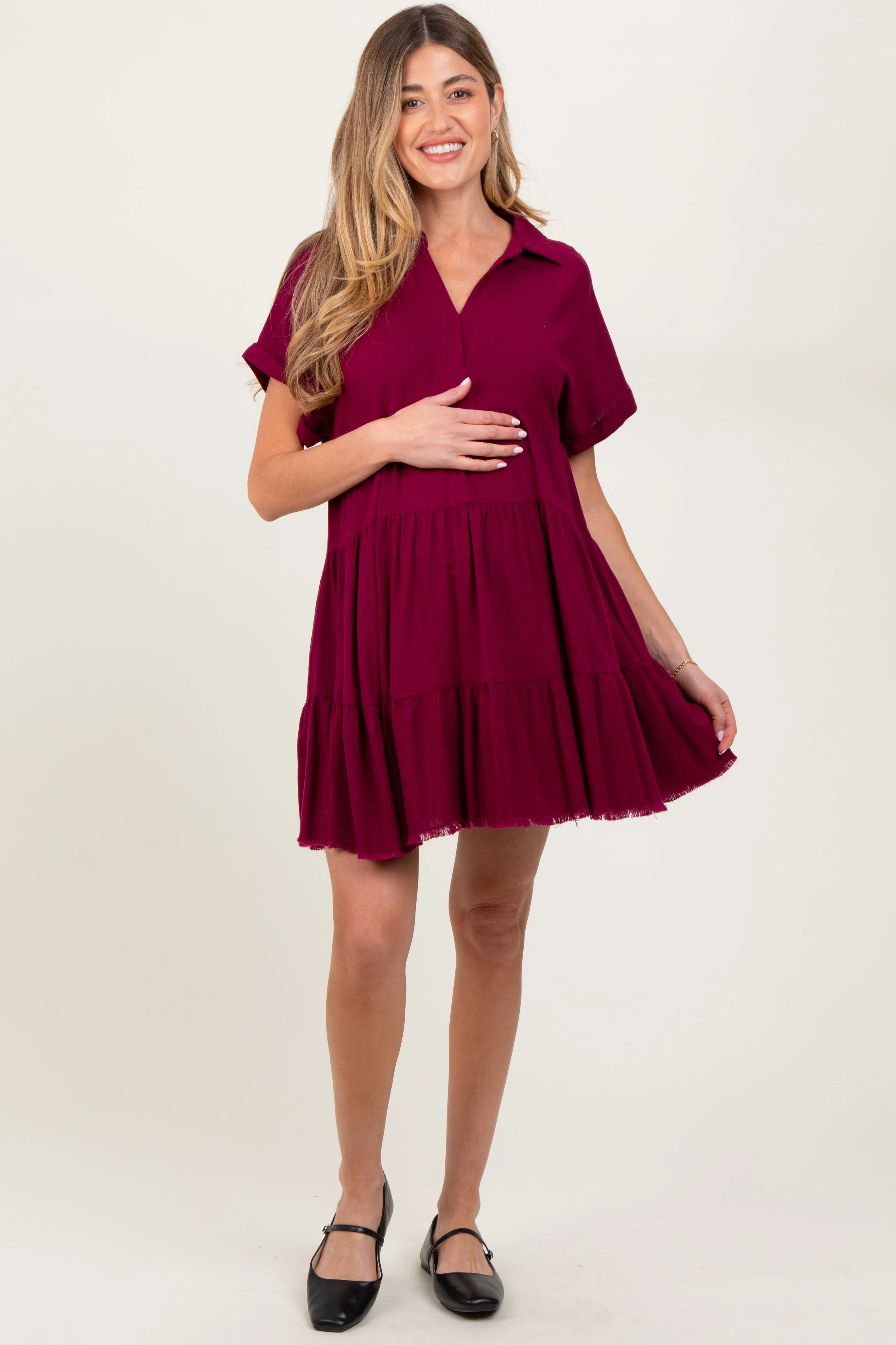 Burgundy Tiered Linen Maternity Dress sold by Pinkblush product image thumbnail 2