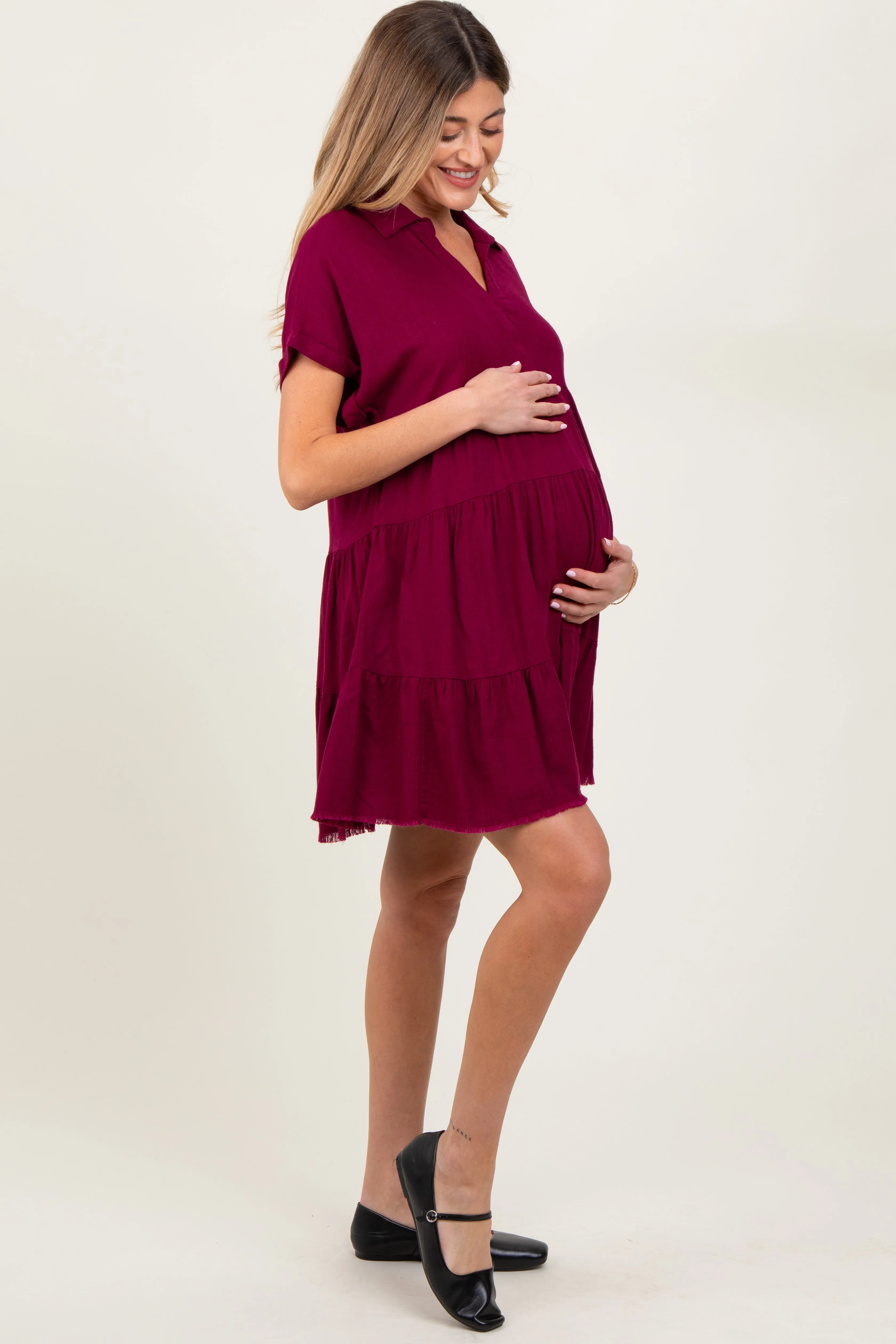 Burgundy Tiered Linen Maternity Dress sold by Pinkblush product image thumbnail 3