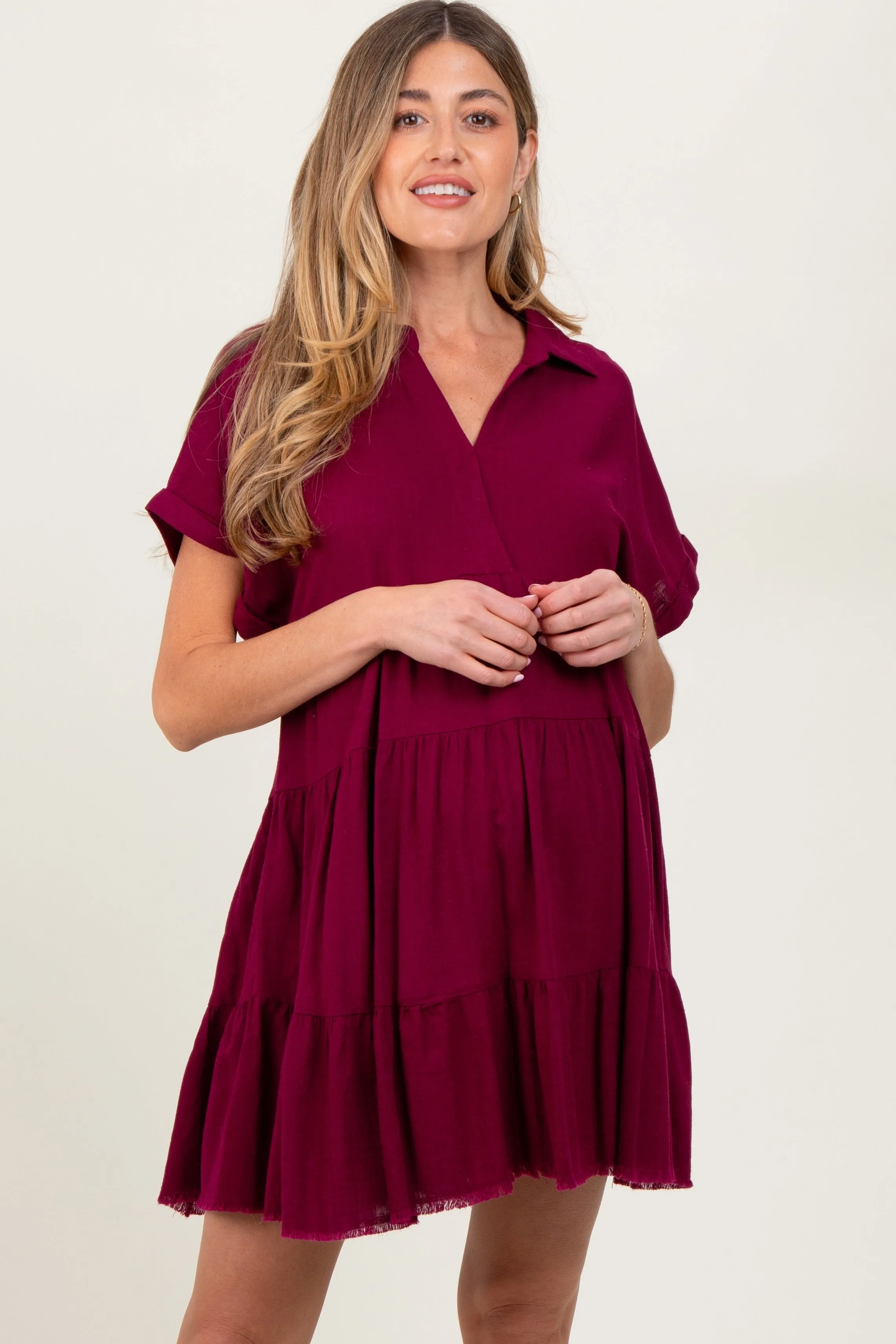 Burgundy Tiered Linen Maternity Dress sold by Pinkblush